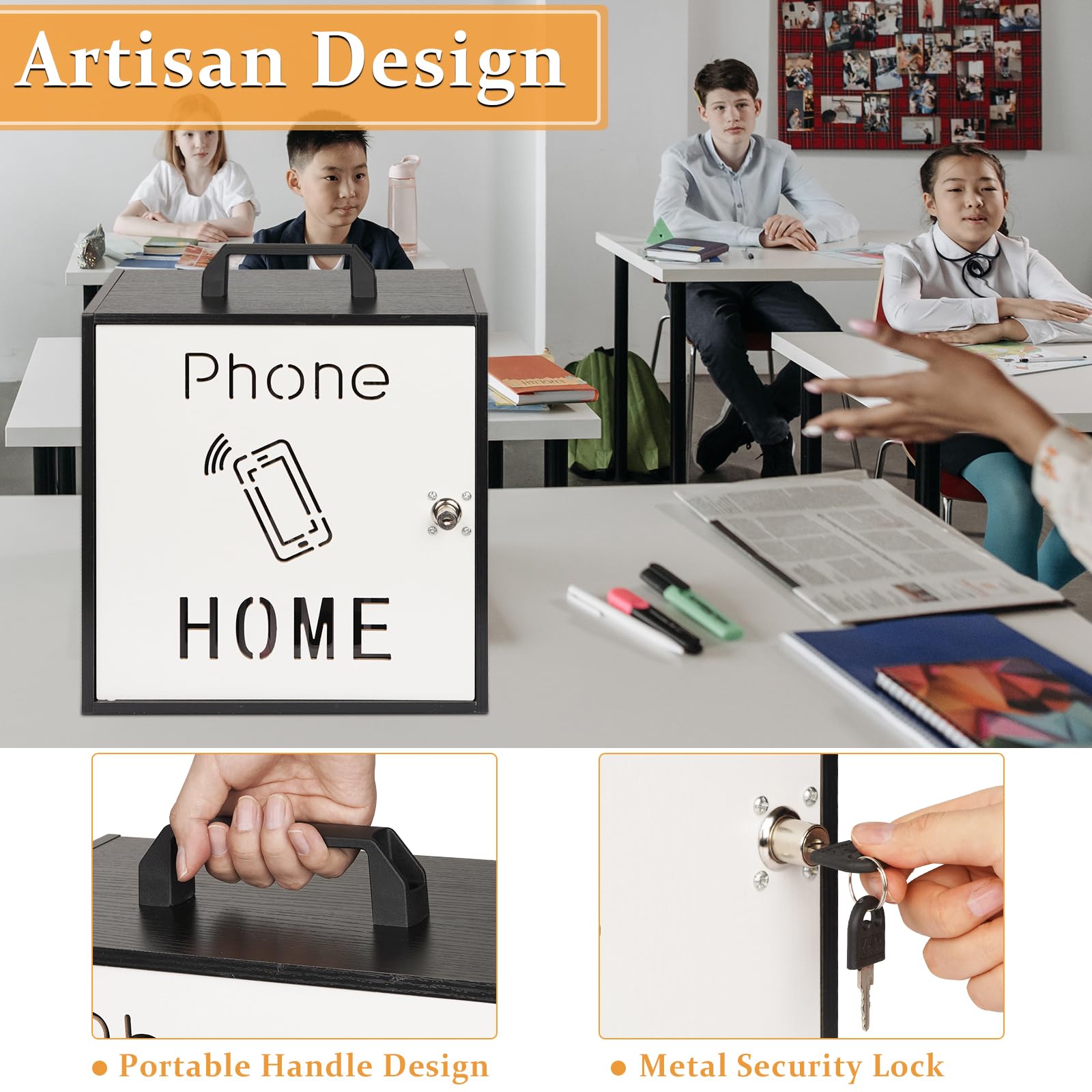 33-Slot Wooden Cell Phone Storage Cabinet with Handle & Lock - Classroom & Office Organizer for Student Phones - Durable Black Pocket Chart for Schools, Meetings & Study Areas