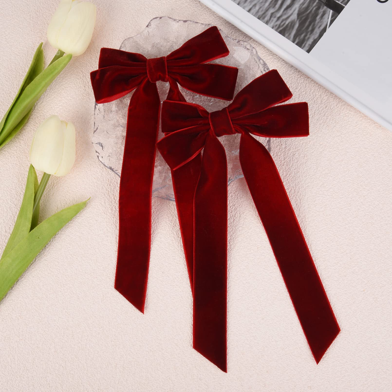 2PCS Velvet Hair Bows - Red Hair Ribbon Clips with Big Fall Alligator Clips for Women, Girls, Toddlers & Kids | Perfect for Parties, Weddings & Everyday Hair Accessories
