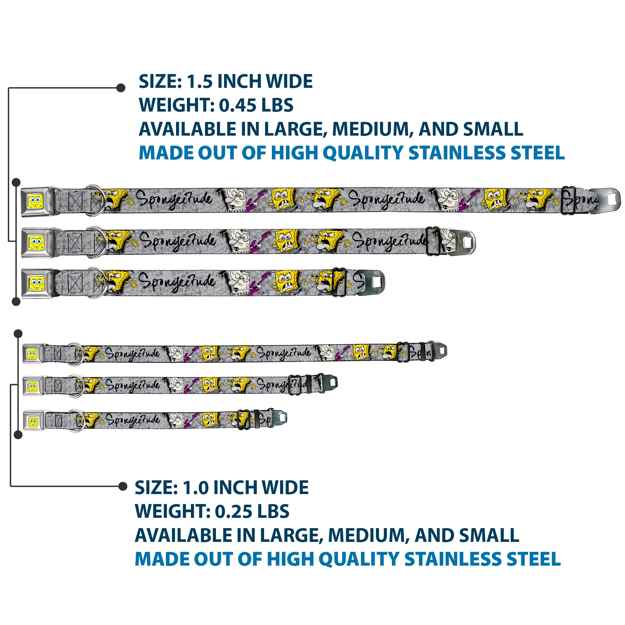SpongeBob Dog Collar with Seatbelt Buckle - 3 Fun Poses (Grays & Black) - Adjustable 9-15 Inches, 1.0 Inch Wide - Perfect for Car Rides, Walks & Costume Play