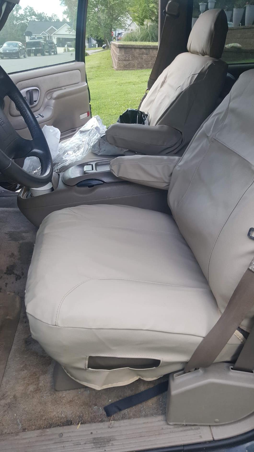 Premium Beige Leatherette Seat Covers for Chevy Suburban, Tahoe & GMC Yukon - Electric Driver Side & Lumbar Support - Perfect for Road Trips & Family Adventures