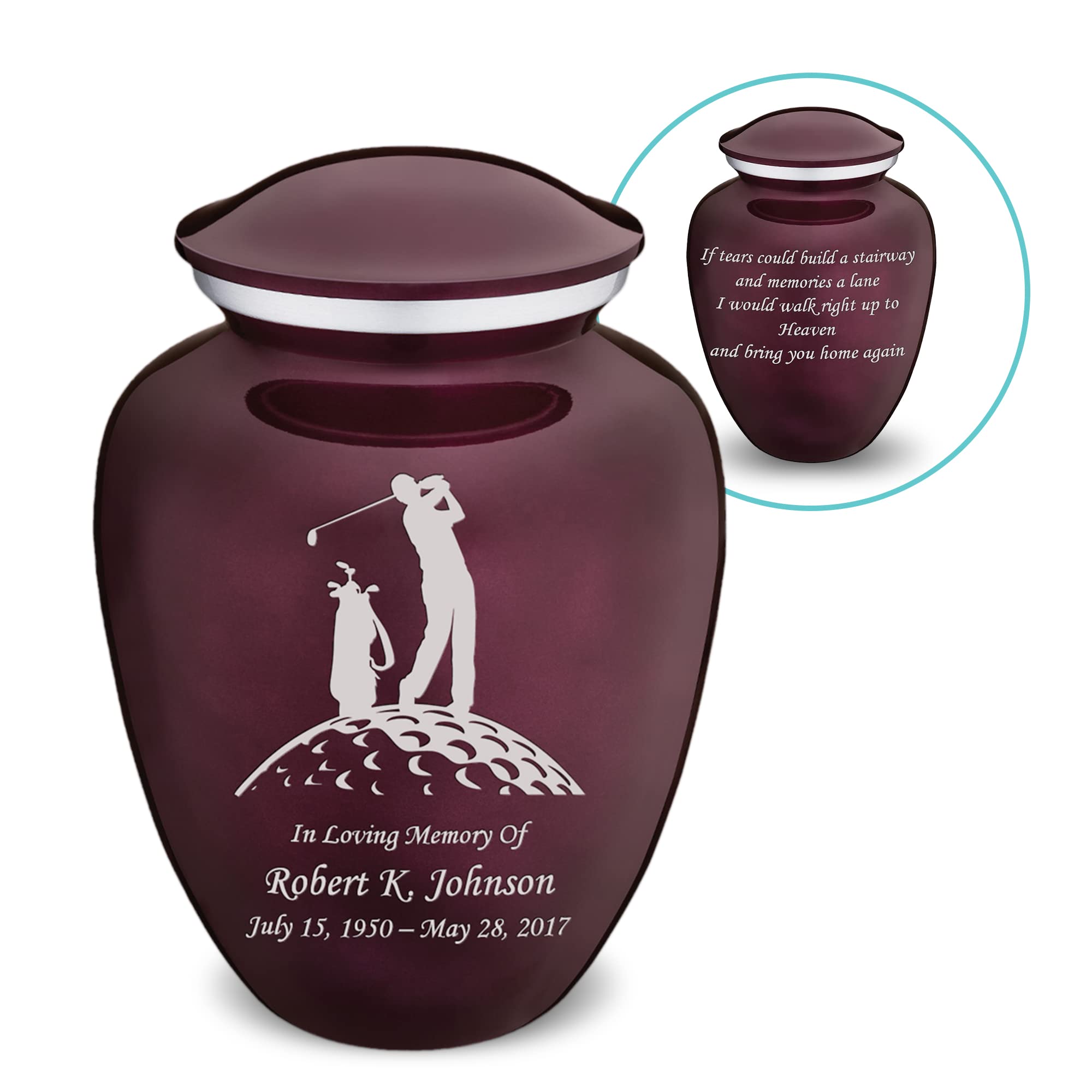 Personalized Golf Cremation Urns for Ashes - Large Cherry Purple Funeral Urn for Men & Women with Double-Sided Engraving (Holds 200 lbs) - Memorial Keepsake for Golf Lovers, Perfect for Home Display or Burial Ceremony