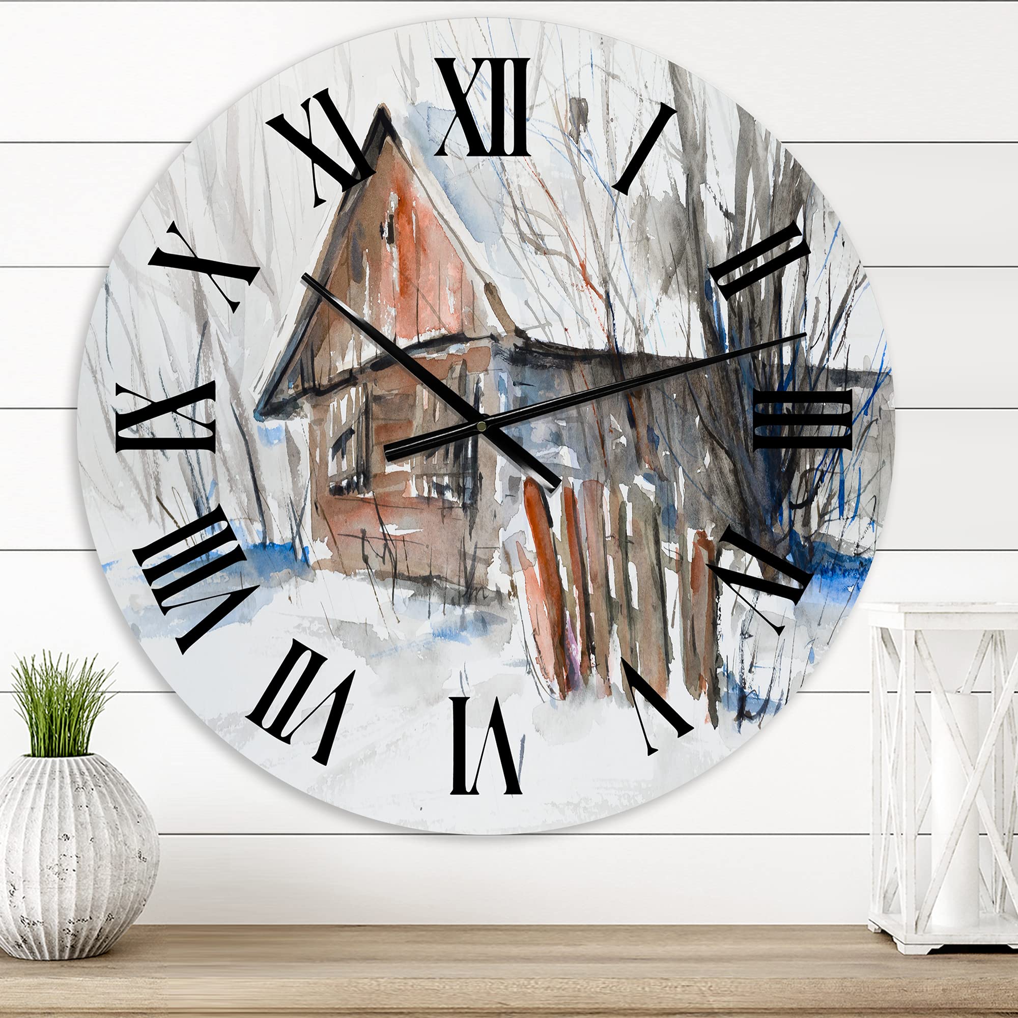 DesignQ Traditional Wall Clock - Vintage Winter Wooden House Landscape Picture - Large Decorative Clock for Bedroom, Living Room, Office | Perfect Home Decor & Gift Idea