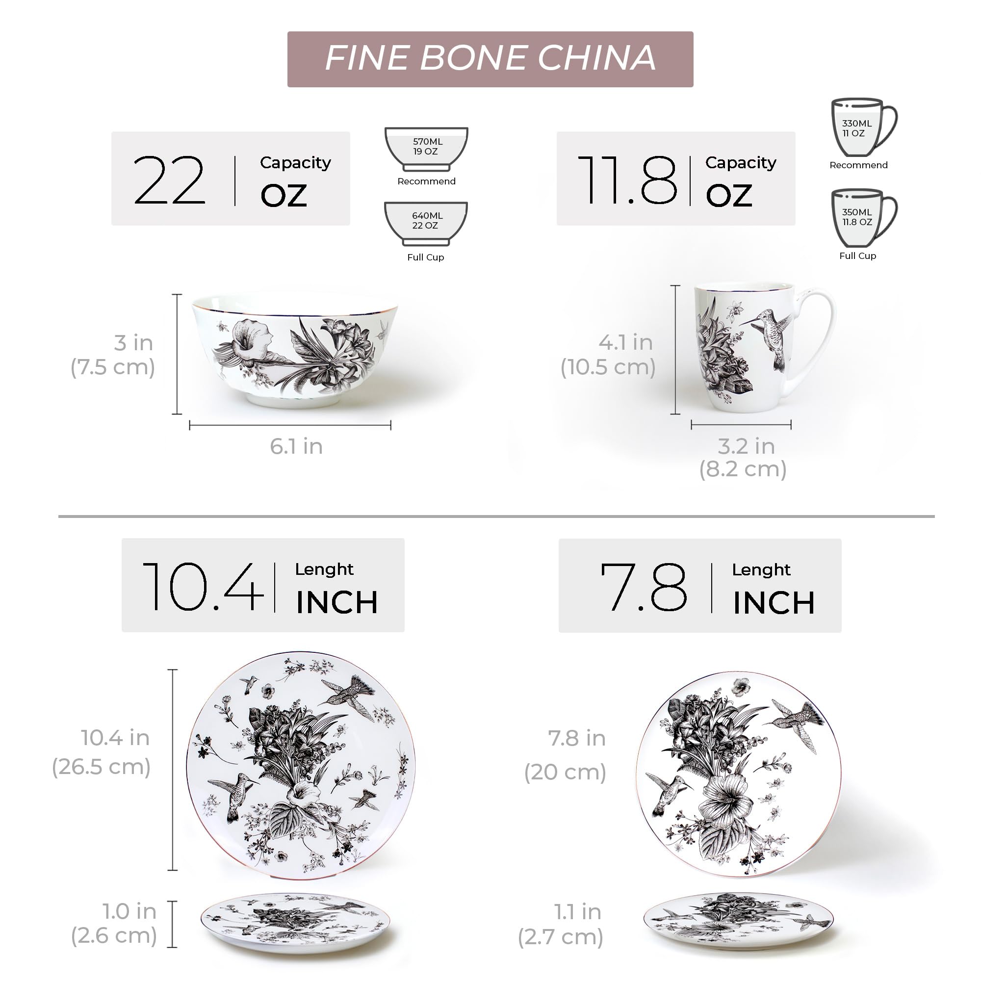 KOKEN 4-Piece Ceramic Dinnerware Set - Botanic Plates & Bowls for Salad, Dessert & Cereal | Microwave Safe Bone China Dishes | Perfect for Family Dining, Dinner Parties & Everyday Use