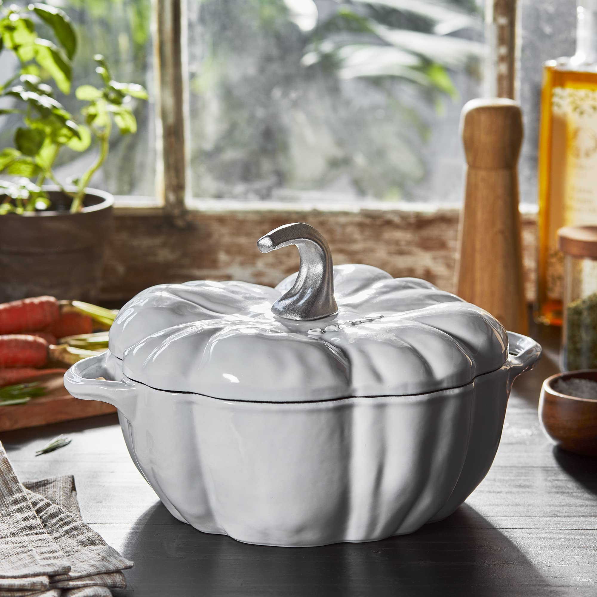 STAUB 3.5-Quart Cast Iron Dutch Oven Pumpkin Cocotte with Stainless Steel Knob - French-Made Enameled Cookware for Soups, Stews & Baking - Perfect for Family Dinners & Holiday Cooking (White)