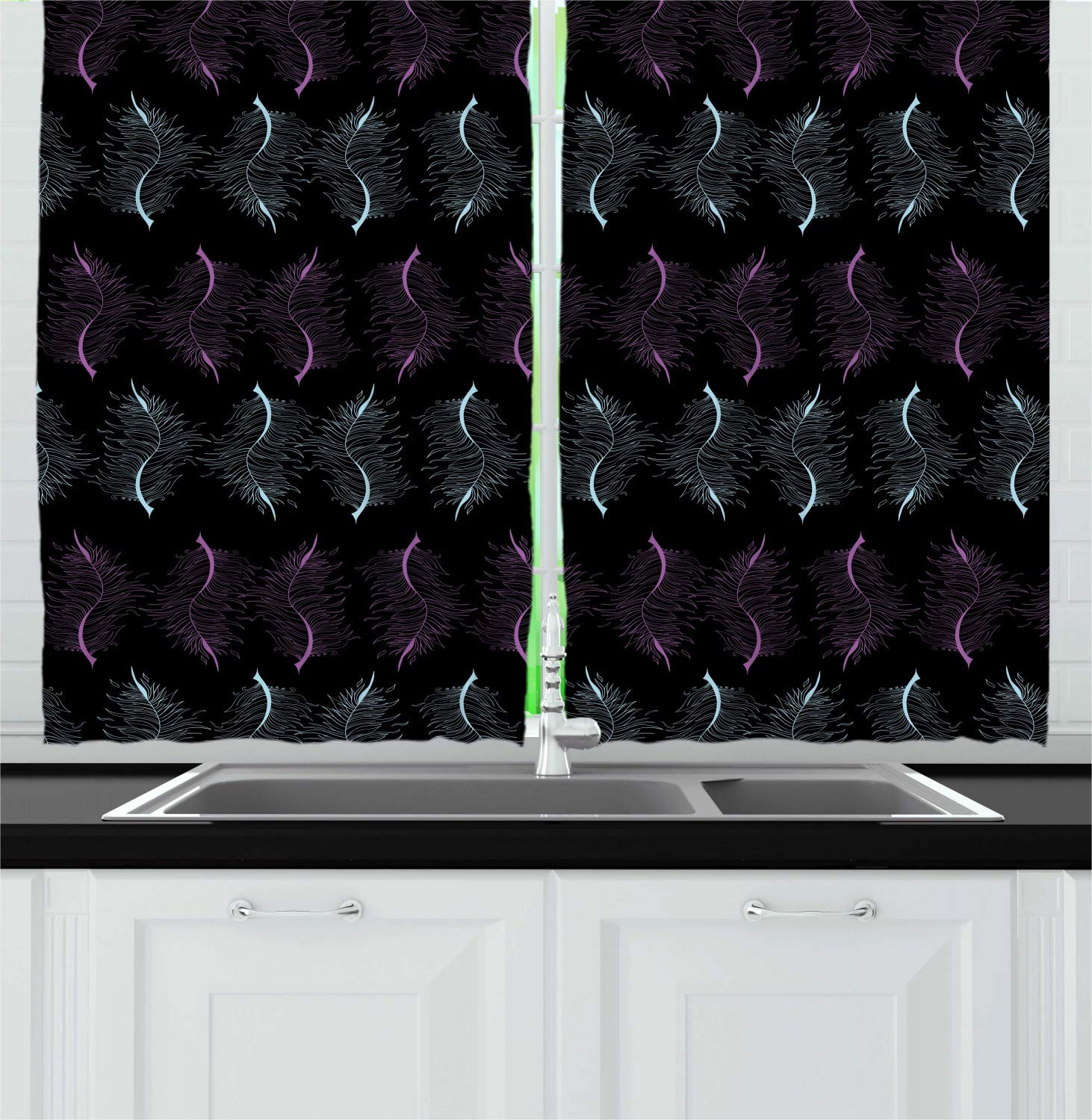 Ambesonne Abstract Leaf Print Kitchen Curtains - 2 Panel Set, 55