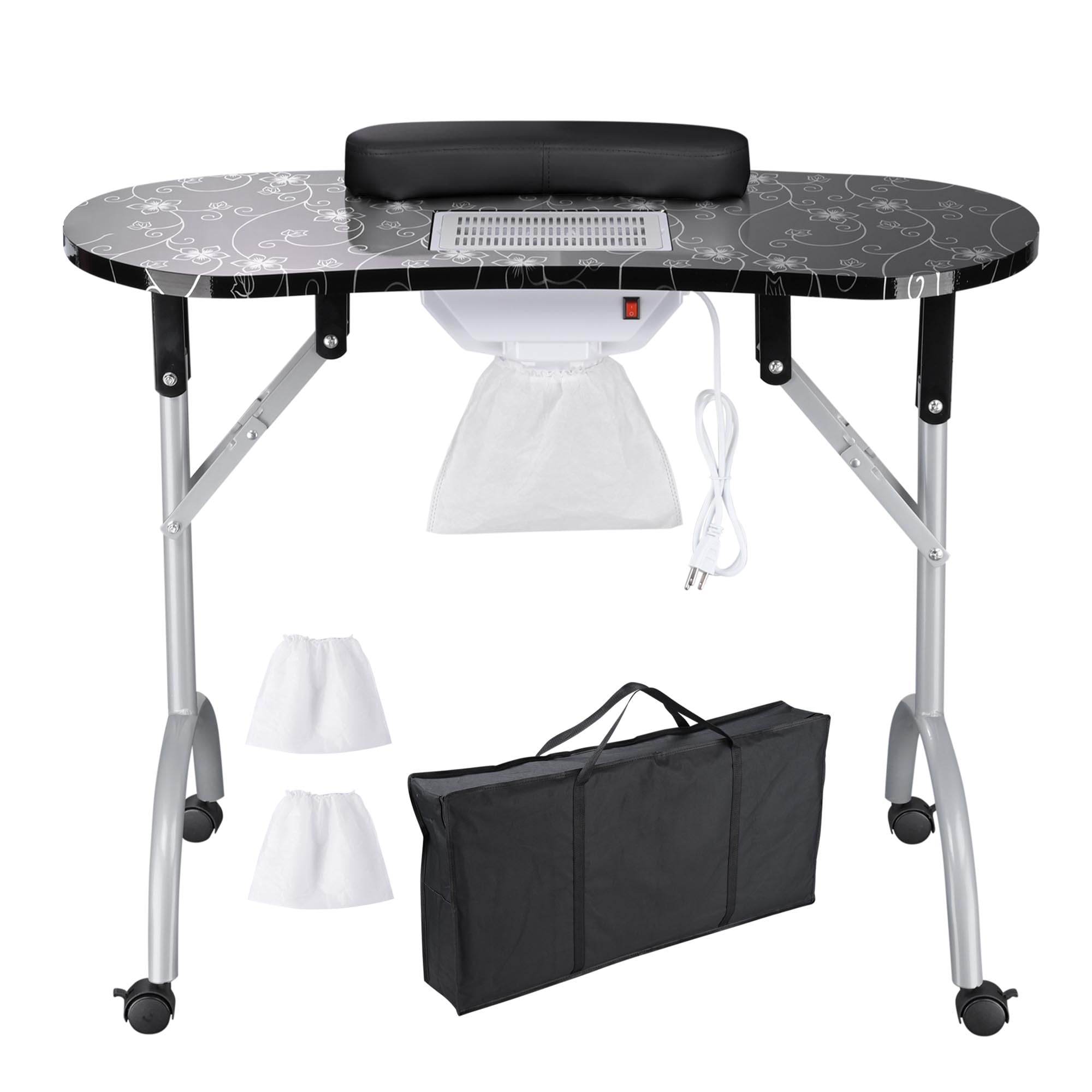BYOOTIQUE Portable Folding Nail Table with Built-in Dust Collector & Lockable Wheels - Professional Manicure Station for Nail Techs, Tattoo Artists & Beauty Salons - Includes Carry Bag - Perfect for Spa, Home Salon & Mobile Nail Services (Black)