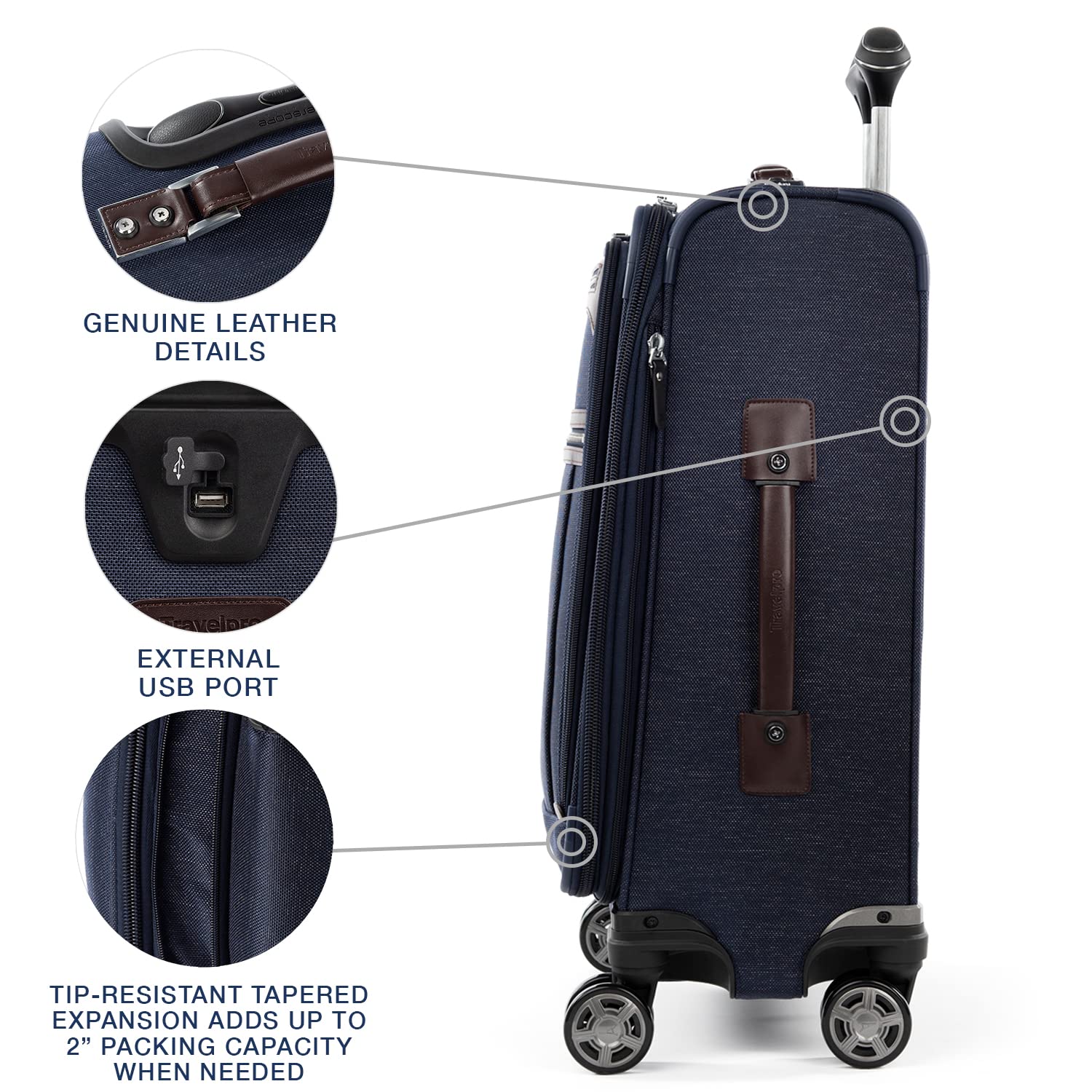 Travelpro Platinum Elite Expandable 21-Inch Carry-On Luggage with 8 Spinner Wheels, USB Charging Port & Suiter - Navy Blue Softside Suitcase for Men & Women | Perfect for Business Trips & Weekend Getaways