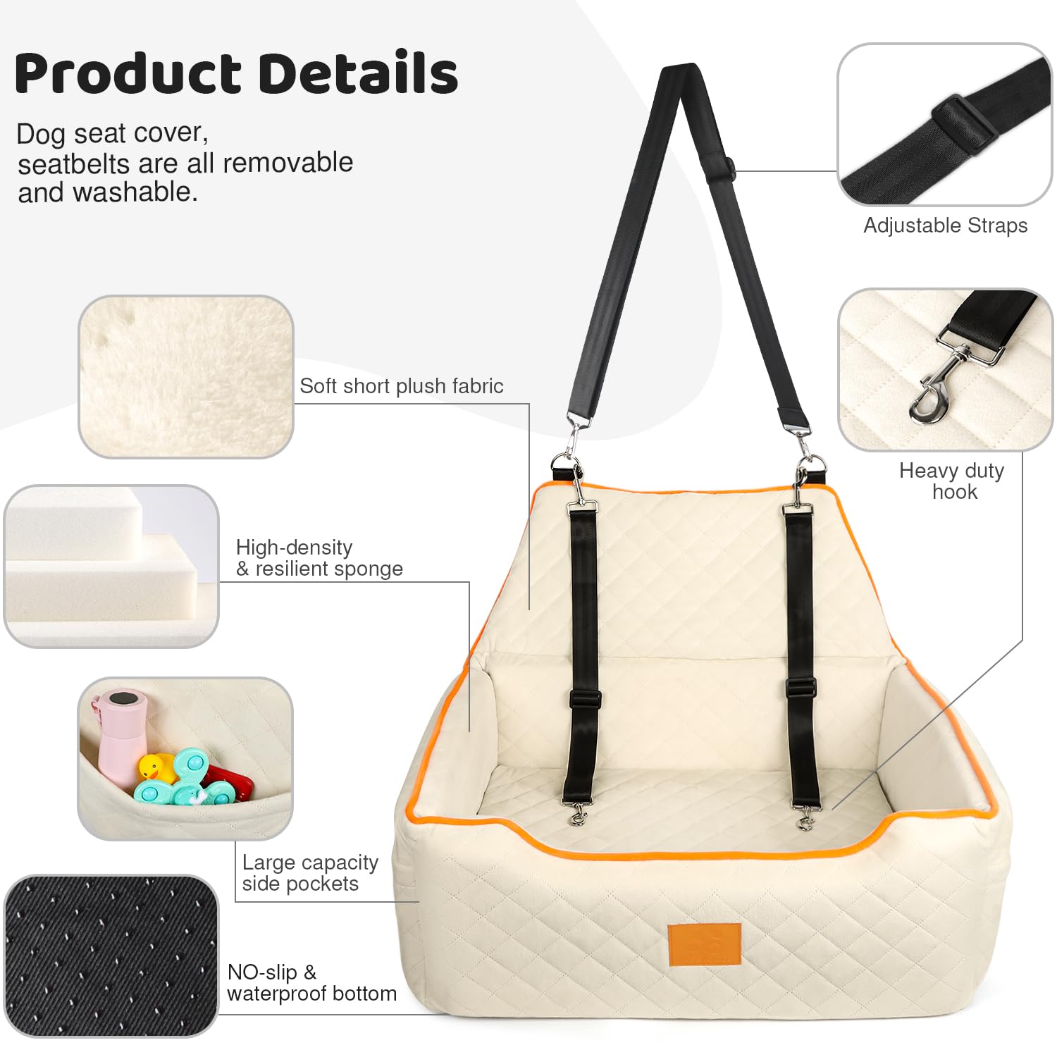 Premium Dog Car Booster Seat for Small & Medium Dogs Up to 55Lbs - Washable, Detachable Pet Car Seat with Thick Comfort Cushion & Storage Pockets (Beige) - Perfect for Road Trips, Vet Visits & Daily Car Rides