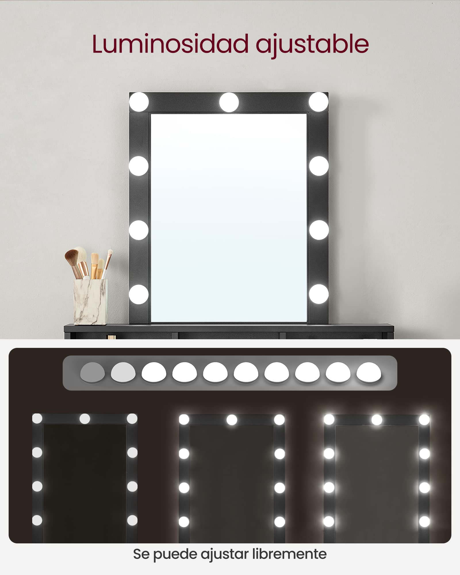 VASAGLE Adjustable LED Light Vanity Makeup Table with Mirror, 2 Drawers & 3 Storage Compartments - Modern Black Dressing Table for Bedroom RDT114T16 | Perfect for Makeup Application, Skincare Routine & Home Decor
