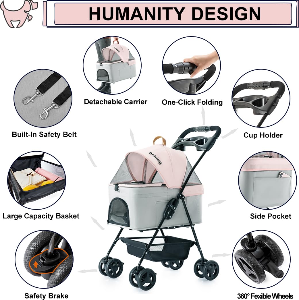 3-in-1 Folding Lightweight Pet Stroller for Small Dogs & Cats - Portable Jogging Stroller with Detachable Carrier, Cup Holder & Storage Basket - Ideal for Walking, Shopping & Outdoor Adventures (4 Wheels)