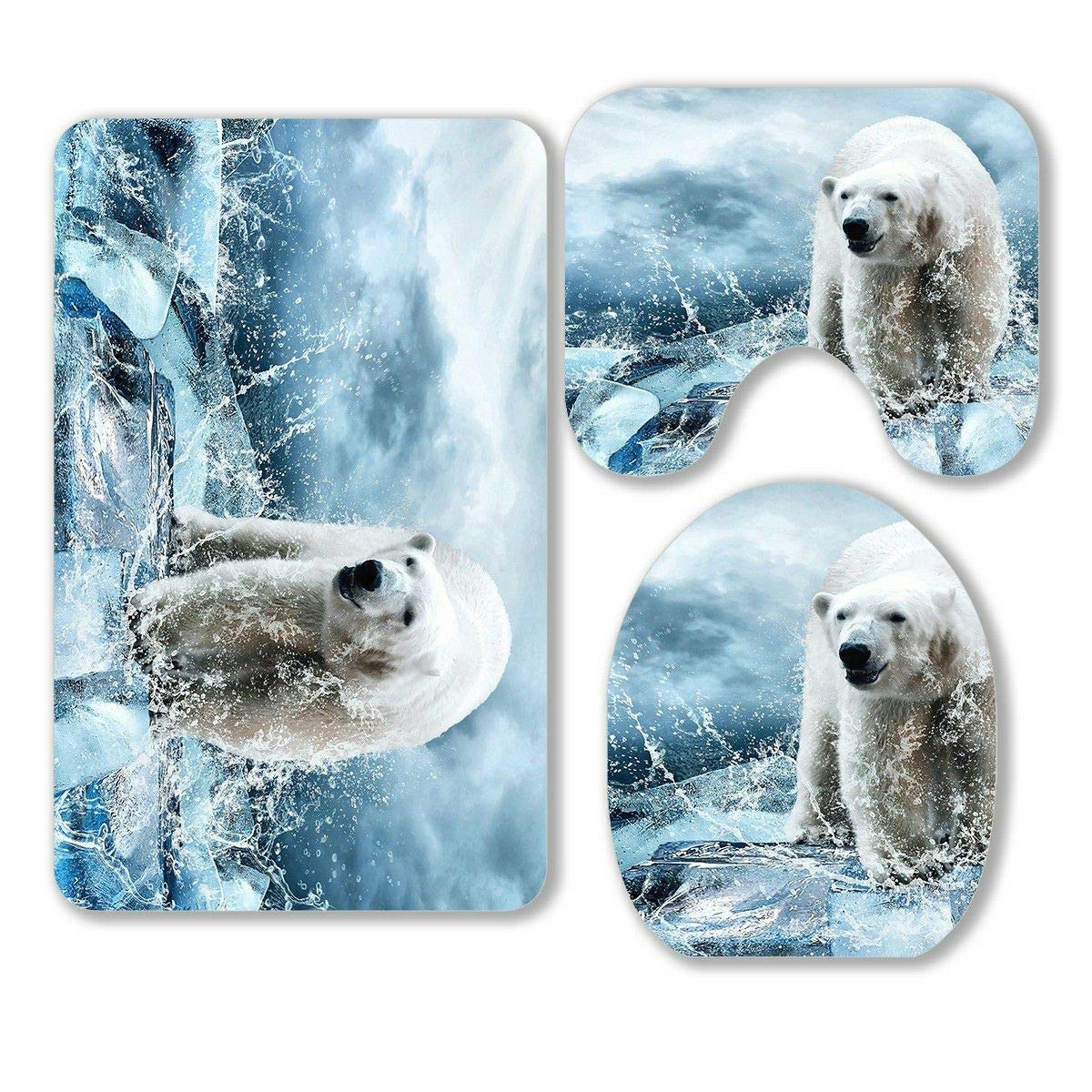 ECZJNT White Polar Bear Hunter on The Ice in Water Drops 3-Piece Bathroom Rug Set - Soft Contour Mat & Toilet Lid Cover - Cozy Non-Slip Bath Mats for Winter Home Decor