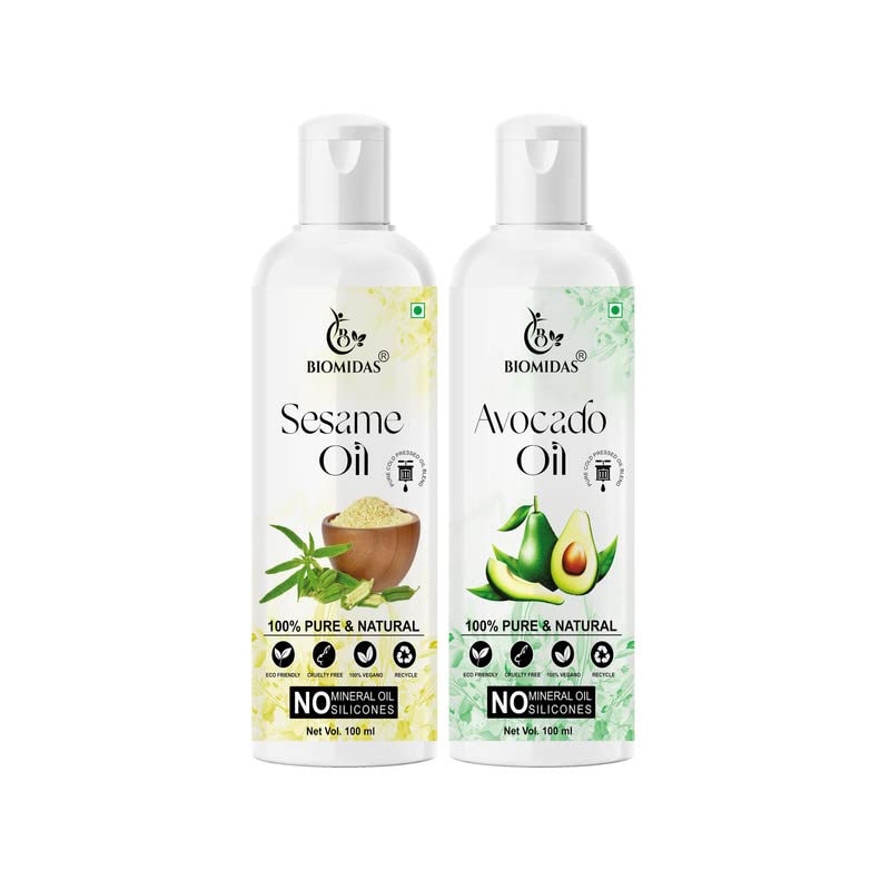 Biomidas 100% Pure Sesame Oil & Avocado Oil Combo Set (2 x 100ml) - Natural Hair Growth Treatment for Thicker Hair, Reduces Hair Fall & Split Ends, Adds Shine & Softness - Perfect for Daily Hair Care & Scalp Massage at Home