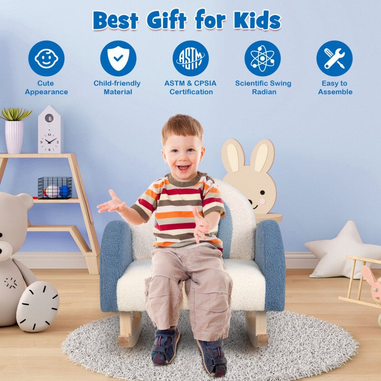 Blue Velvet Kids Rocking Chair with Solid Wood Legs - Cozy Upholstered Children's Sofa for Nursery, Bedroom or Playroom Decor