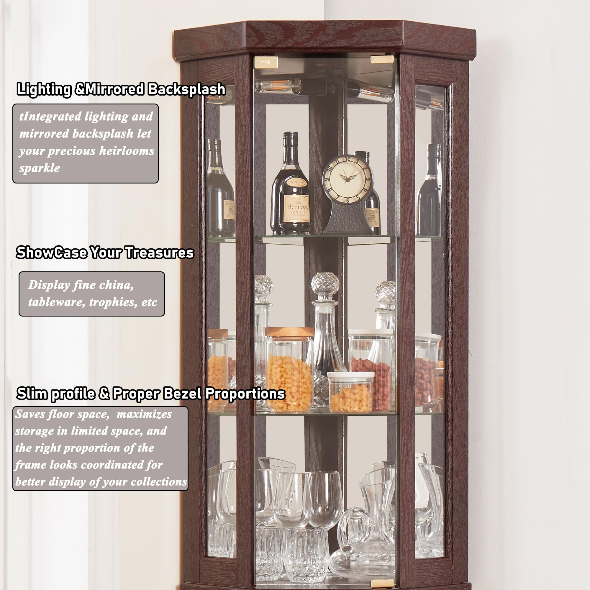 Dark Cherry Corner Curio Cabinet with LED Light - 69