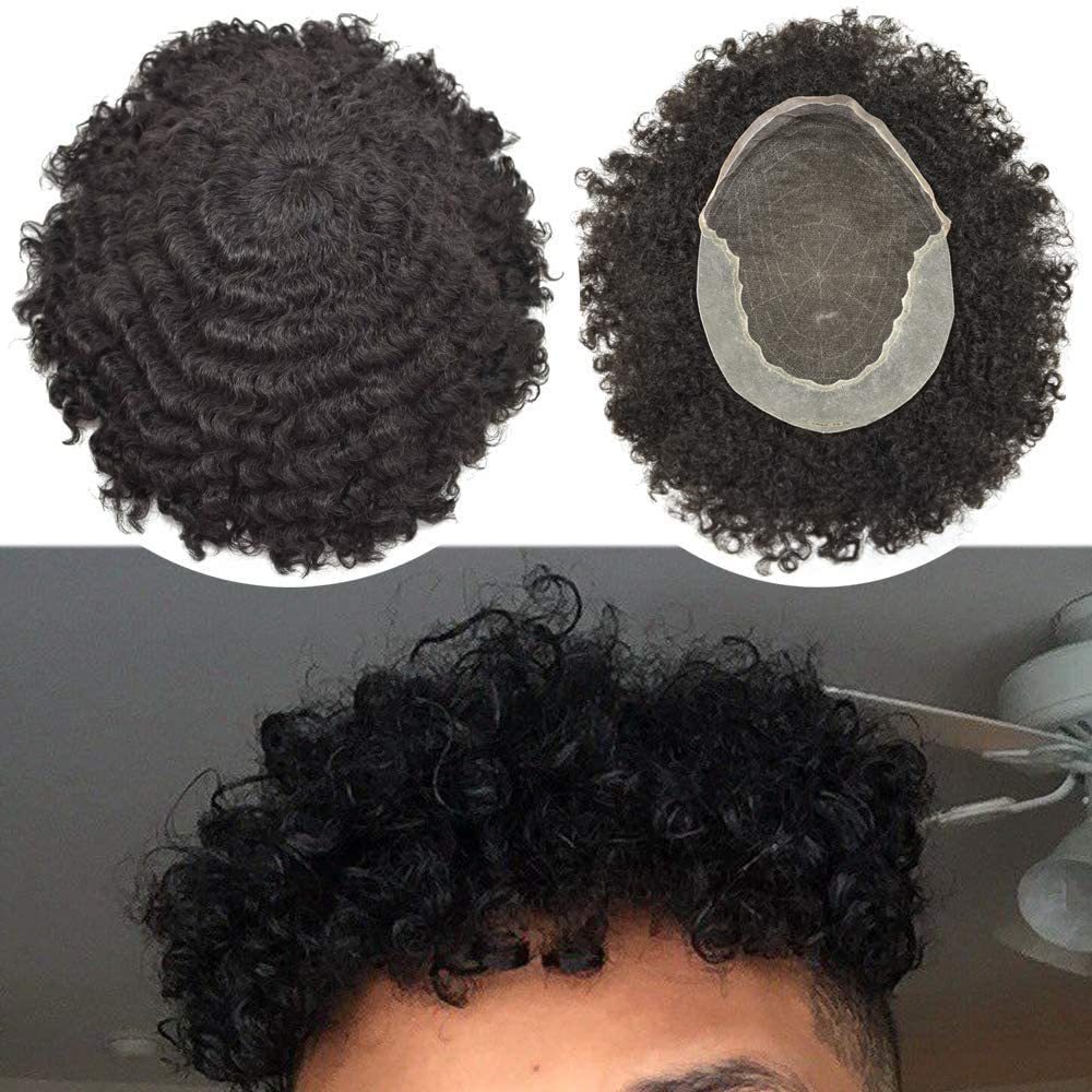 Afro Kinky Curly Toupee for Black Men - Human Hair Lace Front Wig - Natural 8mm Wavy Hair Replacement System for African American Men (Color 1B Off Black) | Perfect for Daily Wear, Special Occasions & Hair Loss Solutions