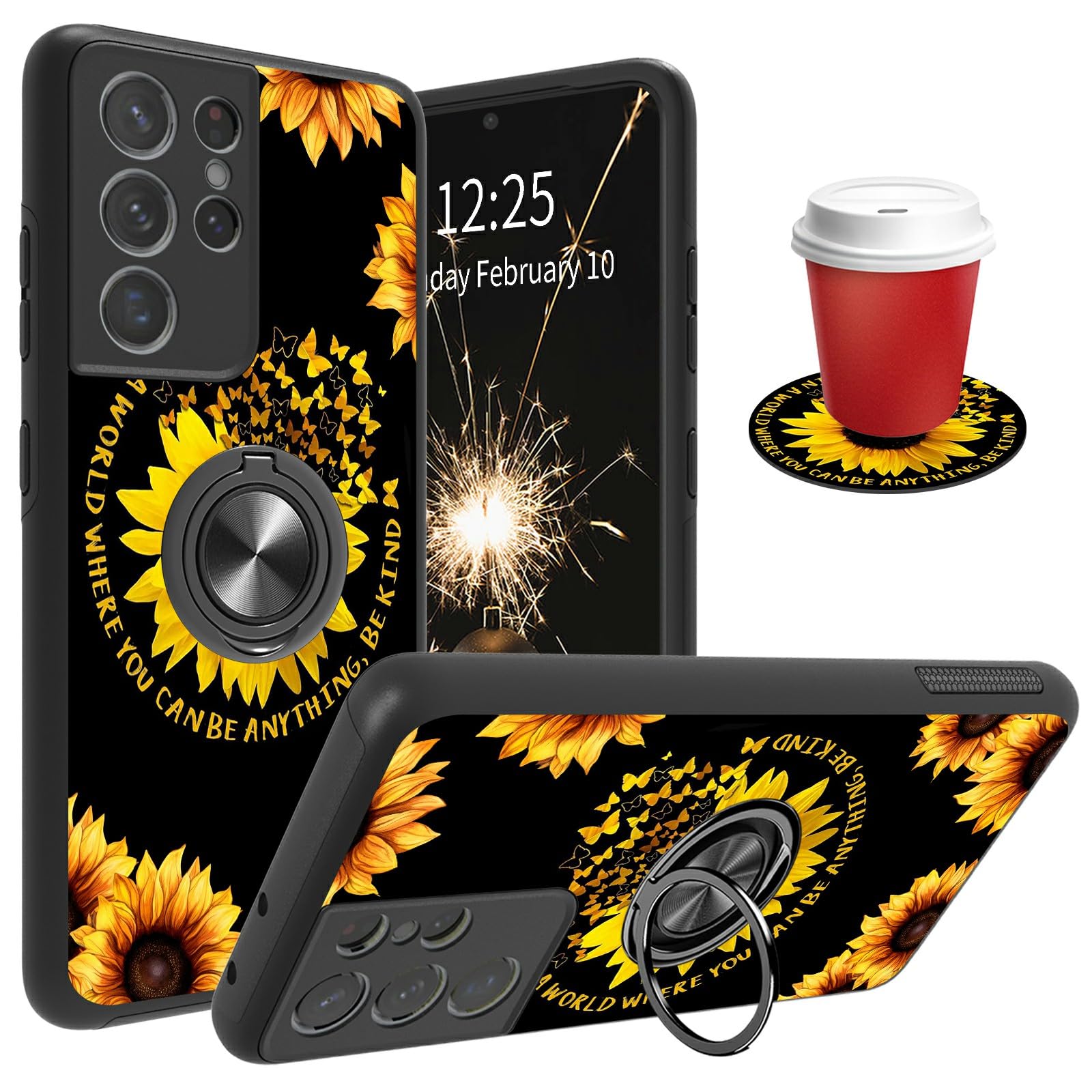 Shockproof Full-Body Protective Case for Samsung Galaxy S21 Ultra with Magnetic Ring Holder - Lightweight Rugged Phone Cover & Car Mount Accessory (Sunflower Butterfly Design) - Perfect for Driving, Outdoor Activities and Daily Protection