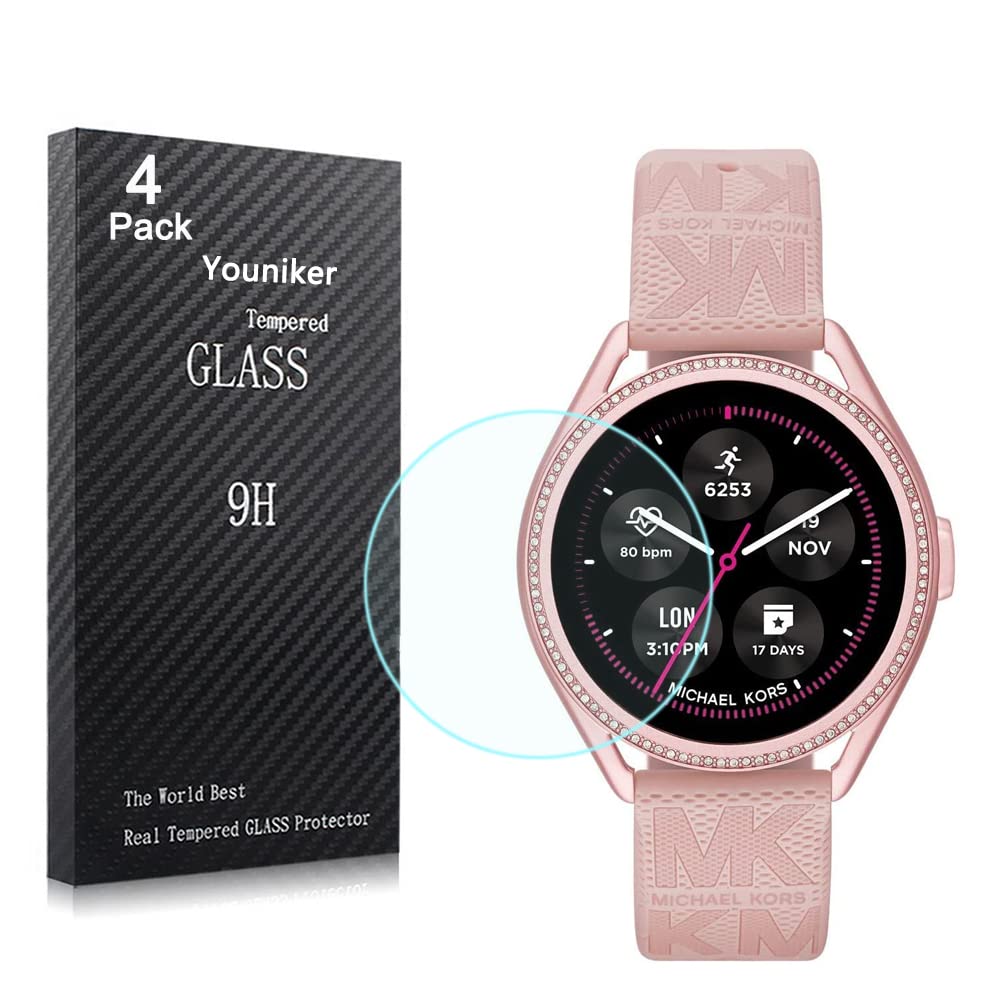 Youniker 4 Pack Tempered Glass Screen Protector for Michael Kors Gen 5E MKGO Smartwatch - Anti-Scratch, Bubble-Free Protection for Women's Smartwatch - Perfect for Workouts, Running, and Daily Use