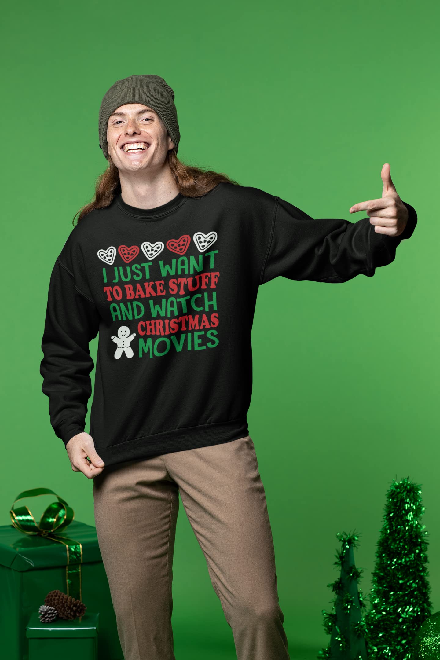 Wild Bobby 'I Just Want to Bake Stuff and Watch Christmas Movies' Unisex Graphic Christmas Sweatshirt | Cozy Holiday Baking & Movie Night Outfit