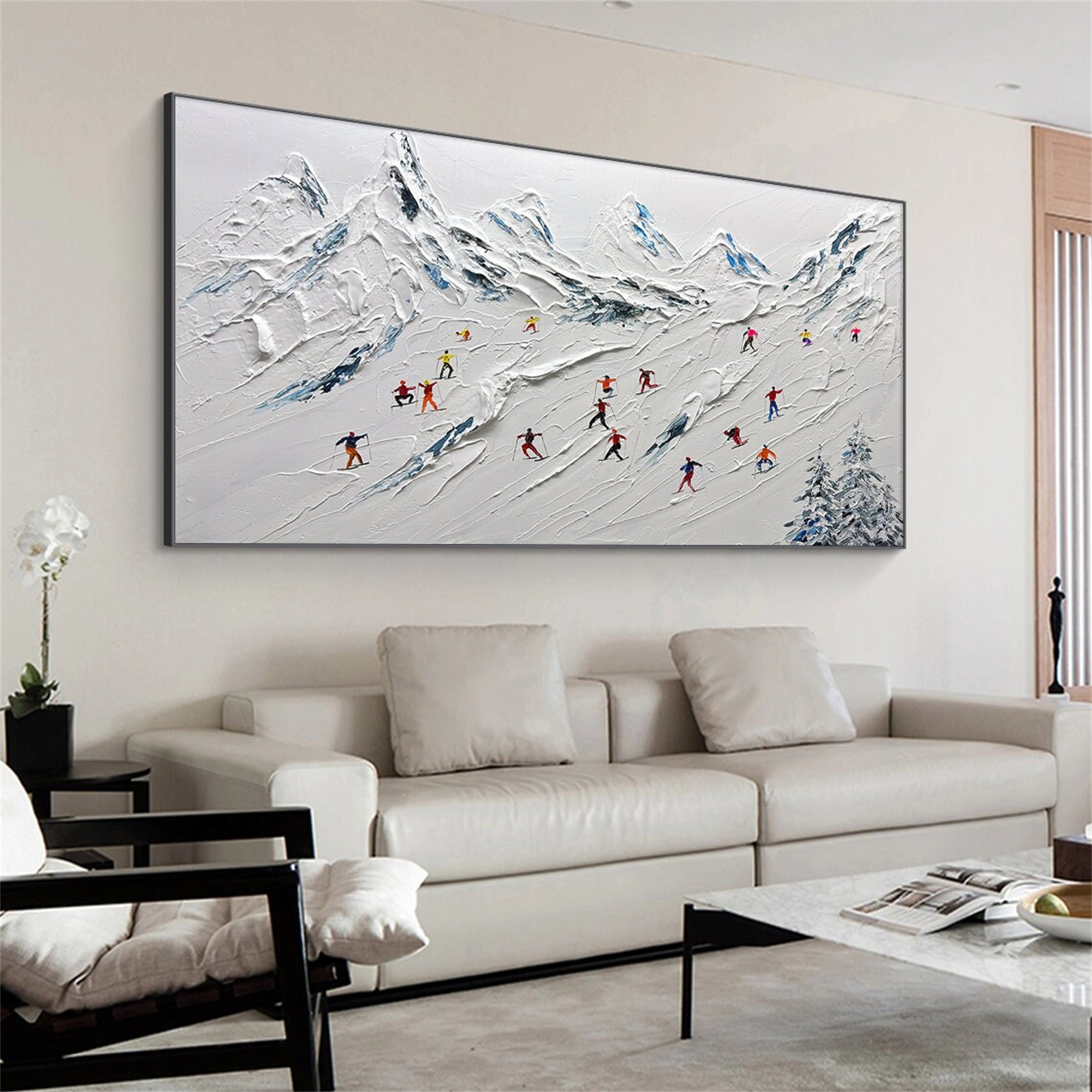 Premium Skiing Sport Art Textured Painting Canvas Wall Decor - Winter Sports Theme Home & Office Decoration (Style #MM115) | Perfect for Living Room, Bedroom, Ski Lodge & Cabin Decor