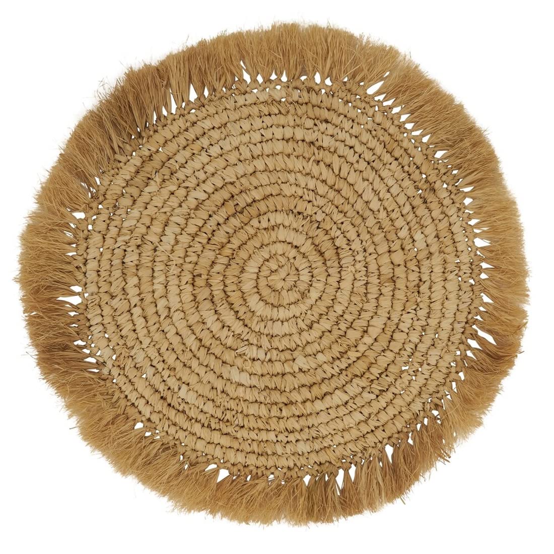 Fennco Styles Raffia Fringe Woven Round Placemats - Set of 4 Natural Boho Table Mats (15 Inch) for Dining Room, Kitchen, Banquets & Special Occasions | Eco-Friendly Home Decor for Family Gatherings & Dinner Parties