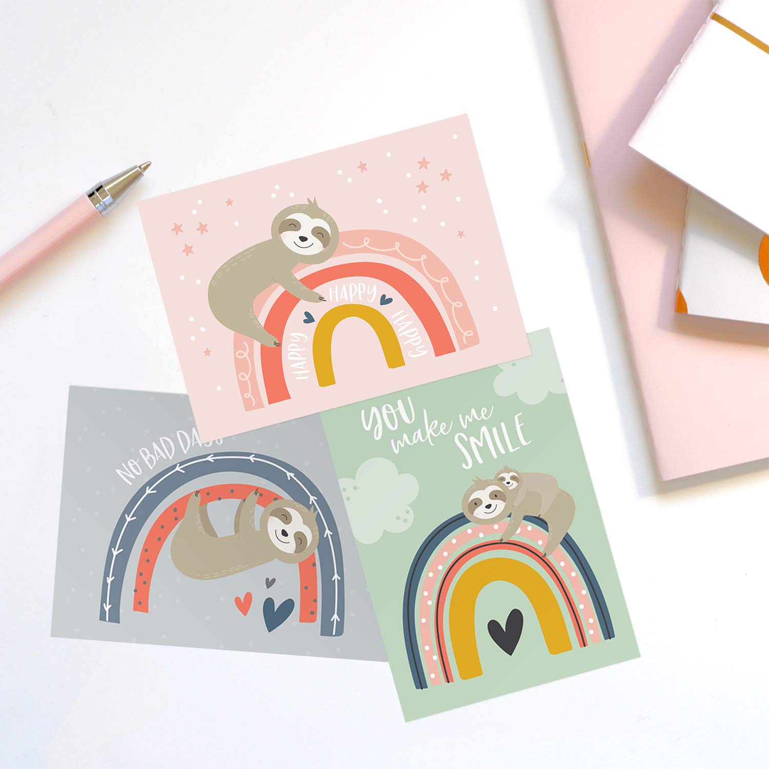 24-Pack Happy Rainbow Sloth Encouragement Greeting Cards with Envelopes - 6 Cute Animal Designs for Baby Shower, Birthday & All Occasions - 3.5