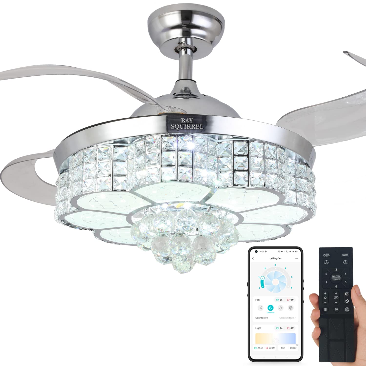 BAYSQUIRREL 42 Inch Retractable Crystal Ceiling Fan with Light - Remote & APP Control, 6 Speed Reversible Blades, 3-Color LED Dimmable Chandelier (36W) - Perfect for Living Room, Bedroom, and Dining Room