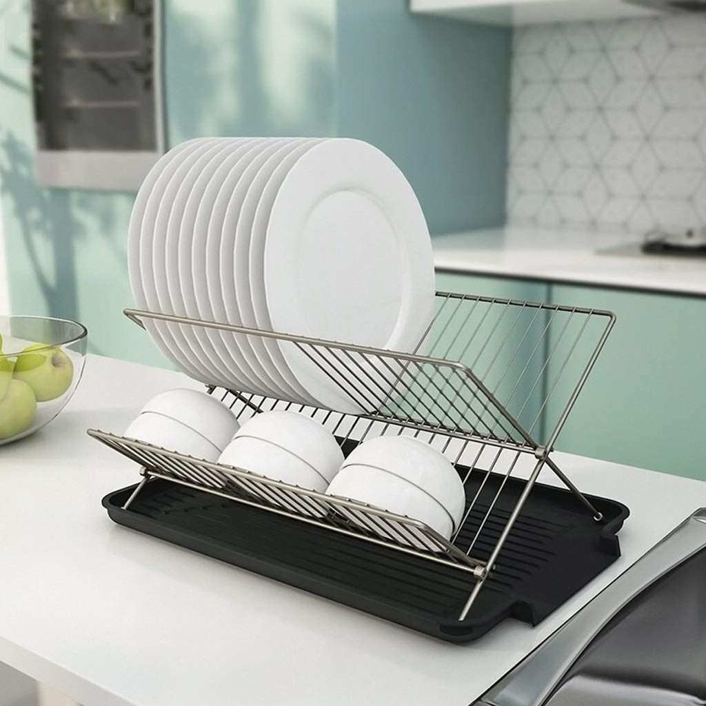 Foldable Carbon Steel Dish Rack with Drain Tray - 2-Tier X-Shape Kitchen Drying Rack for Plates, Bowls & Utensils | Space-Saving Dish Drainer for Countertop, Sink & Small Kitchen Storage