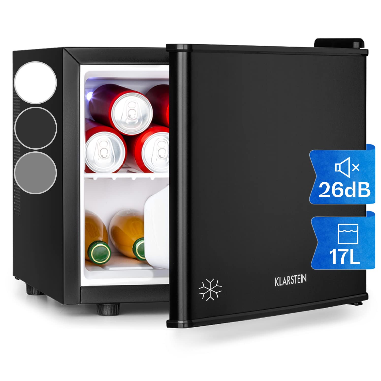 Klarstein Secret Hideaway Mini Fridge - 17L Compact Refrigerator for Snacks & Drinks, Ultra Quiet 26dB, Adjustable Temperature, Removable Shelf, Black - Perfect for Dorm, Office, Bedroom, or Home Bar