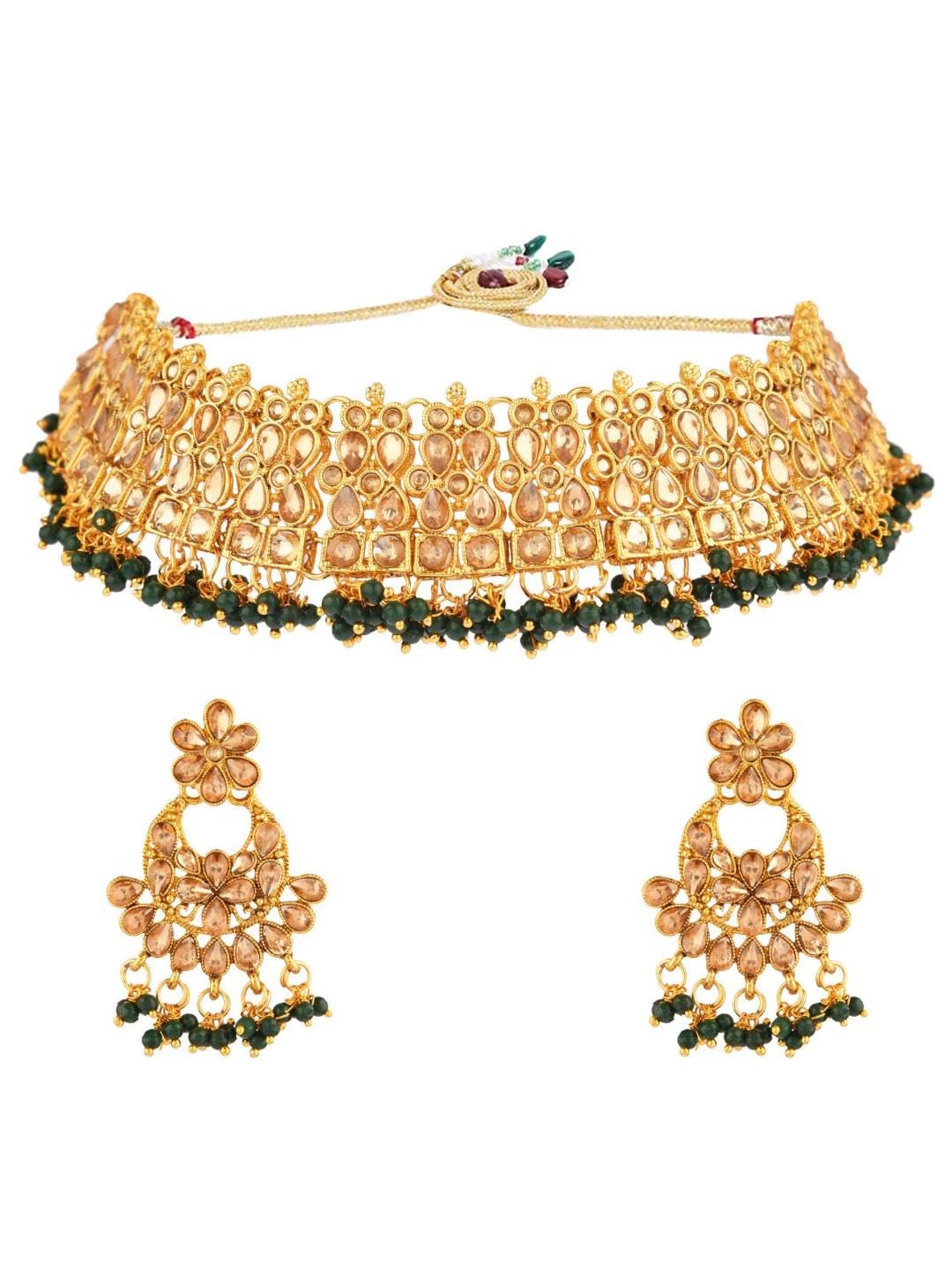 Efulgenz Indian Jewelry Set for Women - Bollywood Style Faux Pearl Crystal Choker Kundan Necklace & Earrings - Wedding, Party & Special Occasion Jewelry - Perfect for Bridal, Festivals & Cultural Events