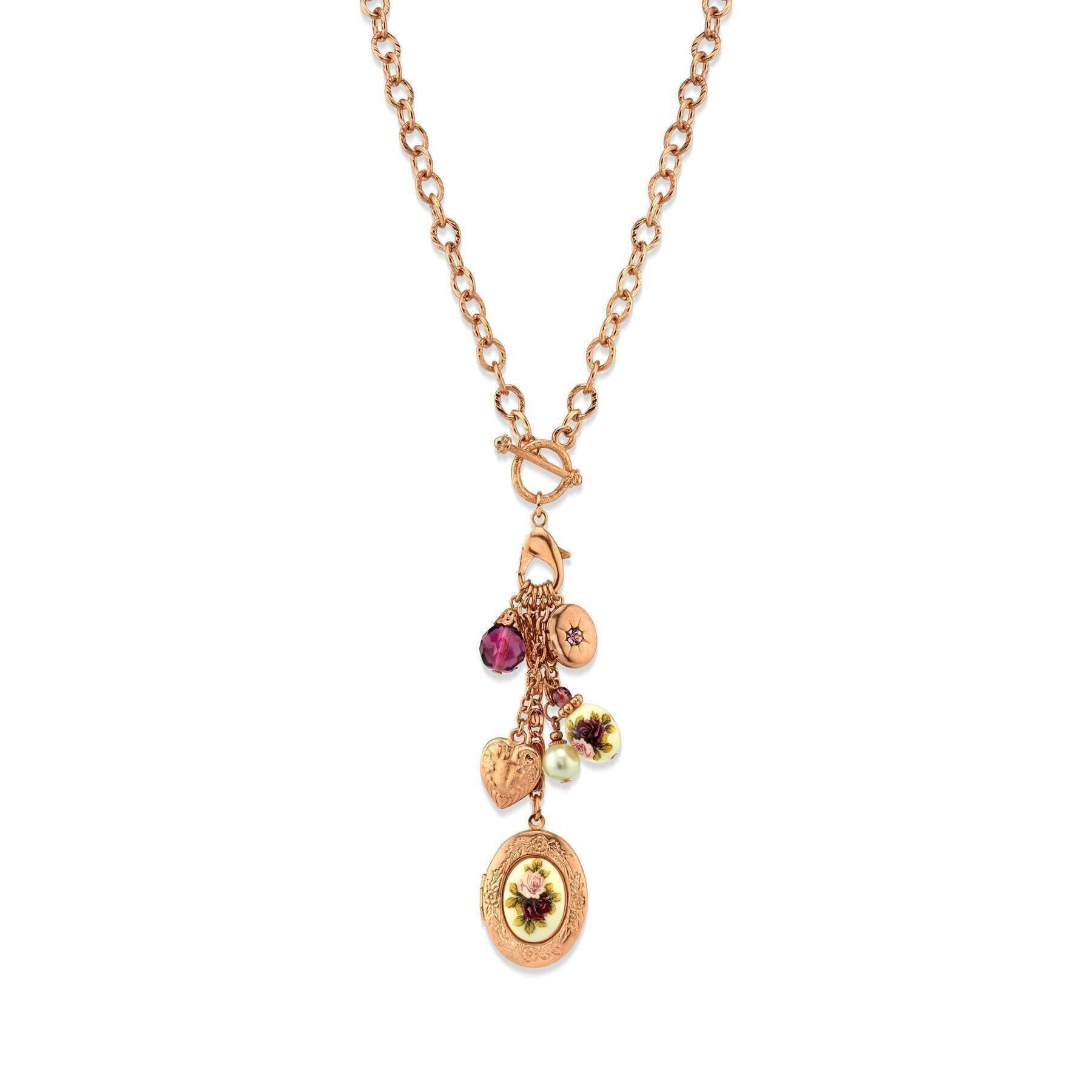 1928 Jewelry Manor House Pink Purple Rose Crystal Heart Locket Charm Toggle Necklace - Elegant Vintage Style for Women, Perfect for Valentine's Day, Anniversary & Romantic Occasions
