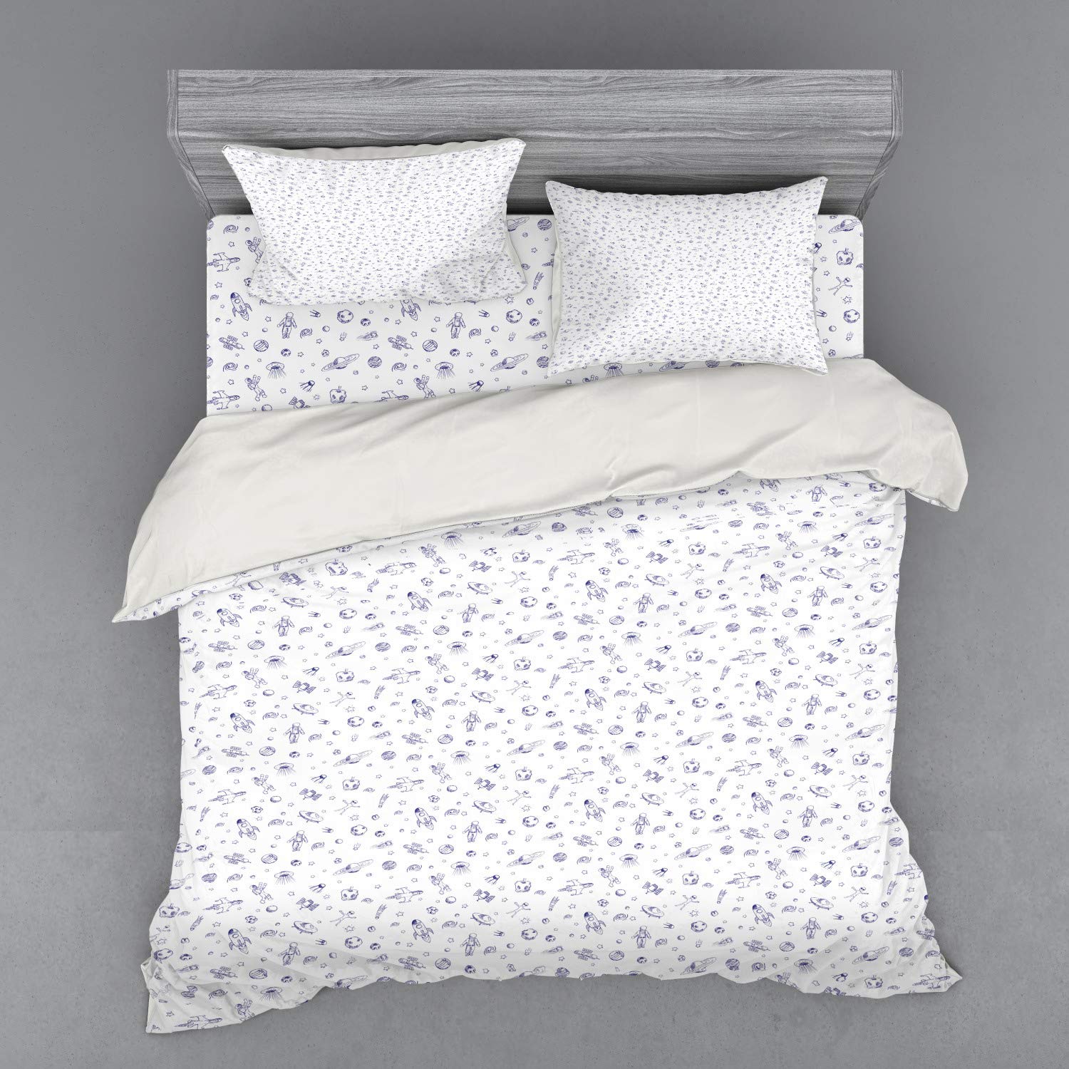 Ambesonne Spaceship Bedding Set - King Size 4-Piece Duvet Cover with Shams & Fitted Sheet | Hand-Drawn Galactic Planets & Space Doodle Design in Royal Blue & White | Perfect for Sci-Fi Lovers, Space Themed Bedrooms & Astronomy Enthusiasts
