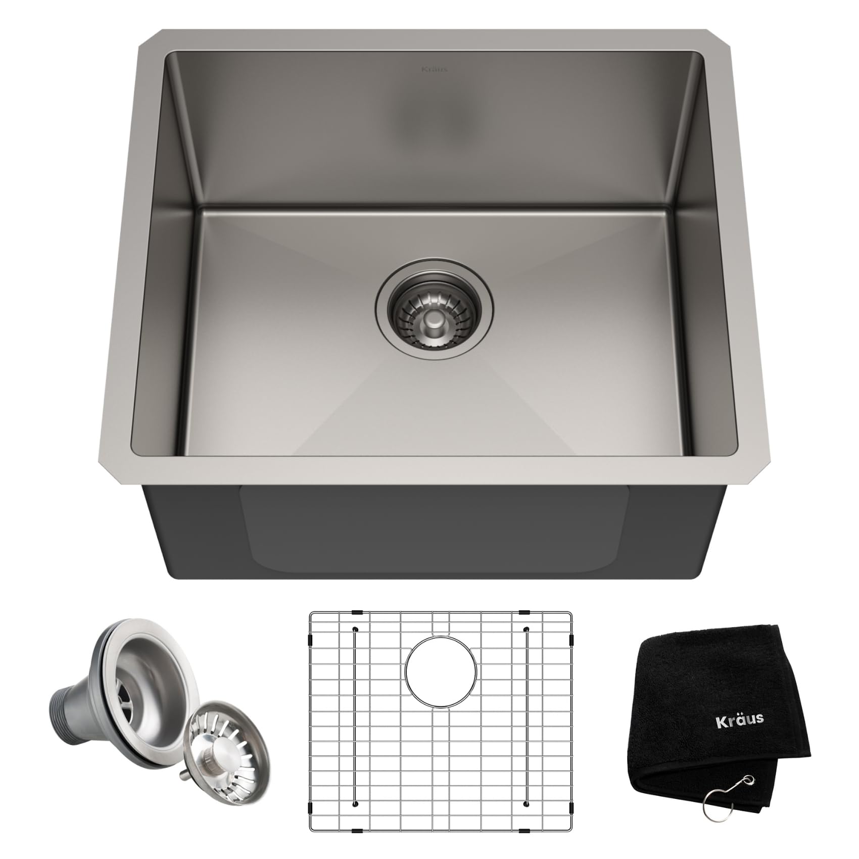 Kraus KHU101-21 Professional 16 Gauge Undermount Single Bowl Kitchen Sink Set (4-Piece Bundle: Stainless Steel Sink, Bottom Grid, Drain Assembly, Kitchen Towel) - 21 Inch, Perfect for Modern Kitchens & Home Renovations