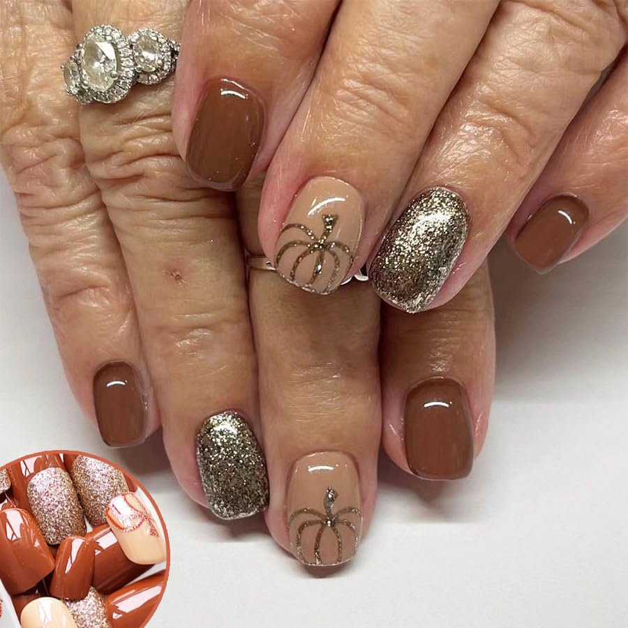 48Pcs Halloween Press on Nails Short Square Glitter Fake Nails - Cute Pumpkin Ghost Flower Acrylic Full Cover Stick on Nails - Reusable with Glue - Perfect for Women's Halloween Nail Art, Parties, Costume Events & Fall Festivals