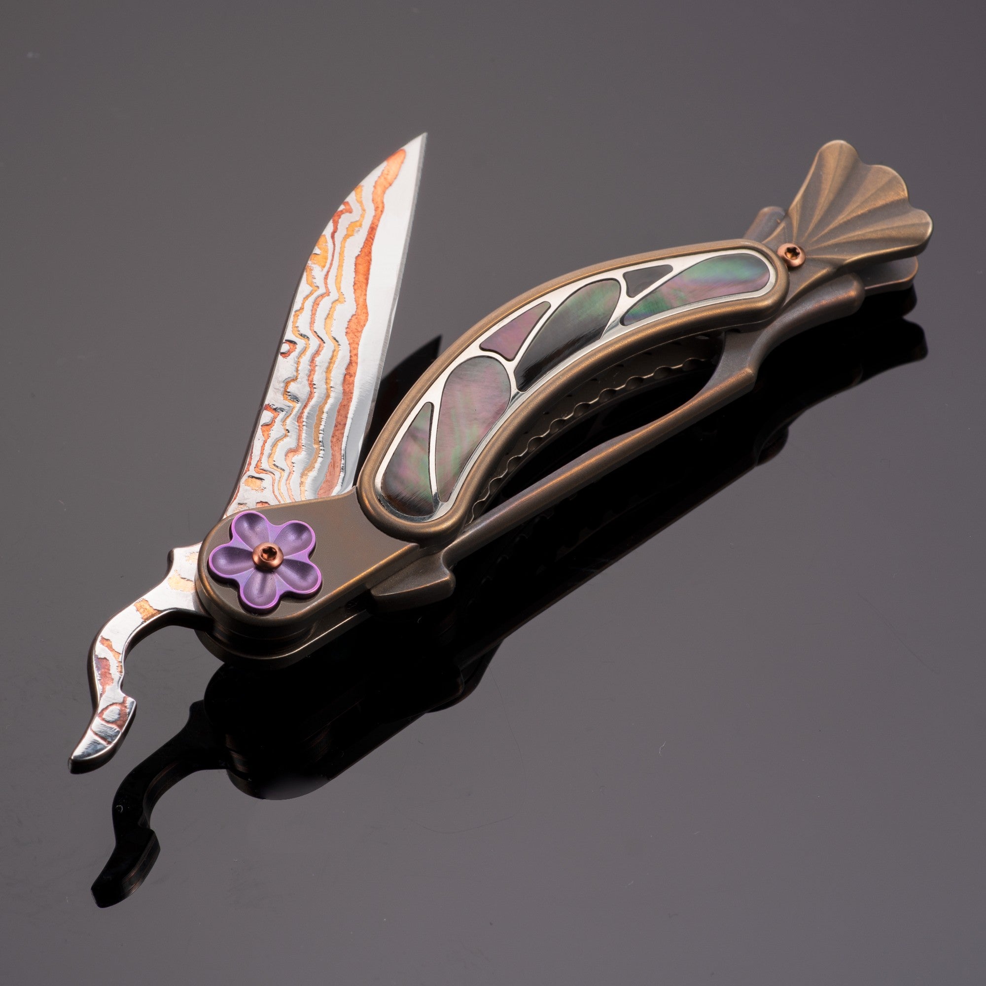 KATSU KINGFISHER T01 Folding Pocket Knife - Damascus Steel Blade with Copper Finish, Titanium Alloy Handle with Antique Copper Coating, Mother of Pearl Inlays (White/Black), Lockback Mechanism - Perfect for EDC, Outdoor Adventures & Collectors