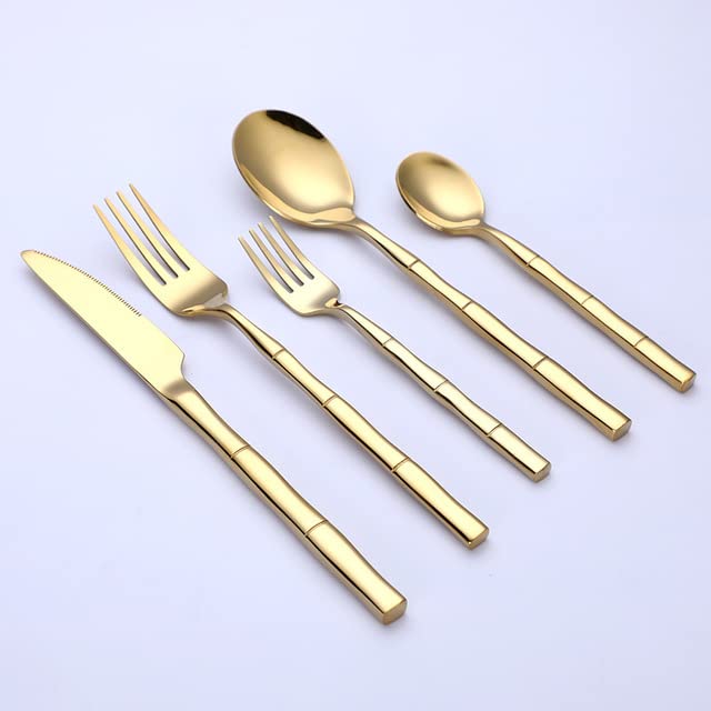 30-Piece Stainless Steel Bamboo Cutlery Set - Gold Silverware with Knives, Forks & Spoons | Elegant Dinnerware for Restaurants, Catering & Home Dining | Durable Kitchen Utensil Set for Everyday Use & Special Occasions