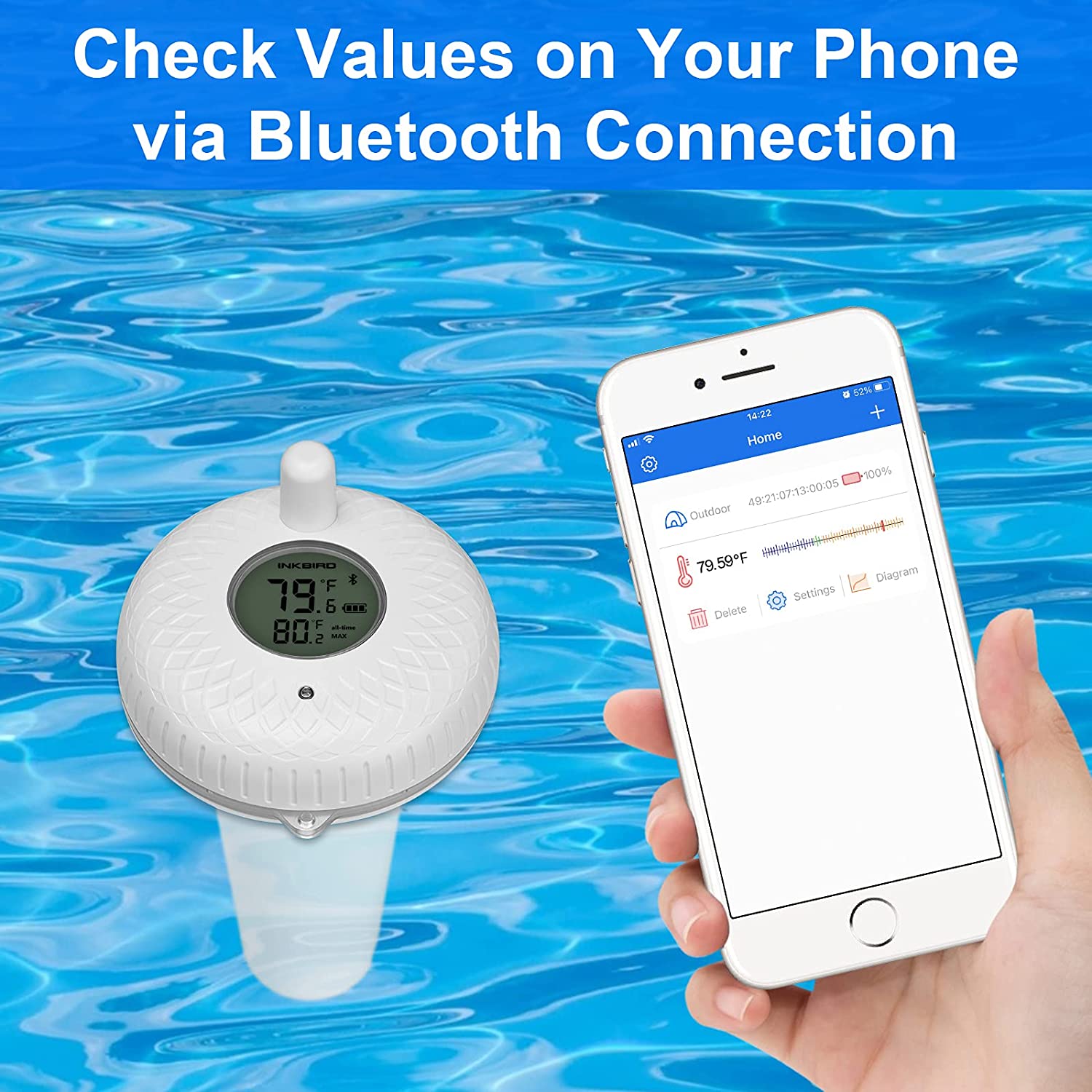 Wireless Bluetooth Pool Thermometer IBS P01B - Waterproof Floating Temperature Sensor for Swimming Pools, Hot Tubs & Spas - Monitor Water Temp Remotely via Smartphone App