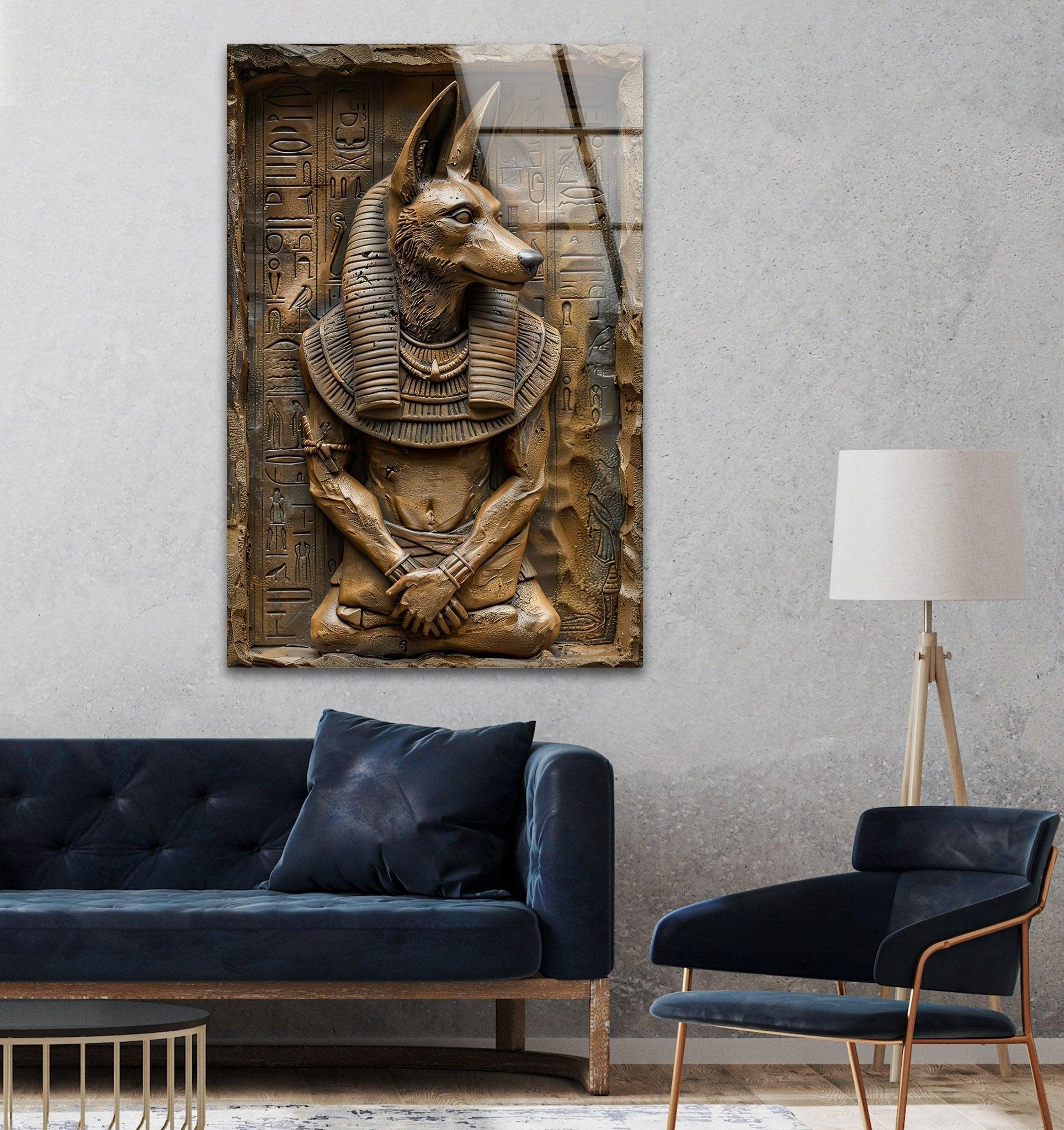 Anubis Statue Glass Wall Art - Egyptian God Home Decor for Living Room, Bedroom & Office - Handcrafted Glass Wall Sculpture for Spiritual & Gothic Decor