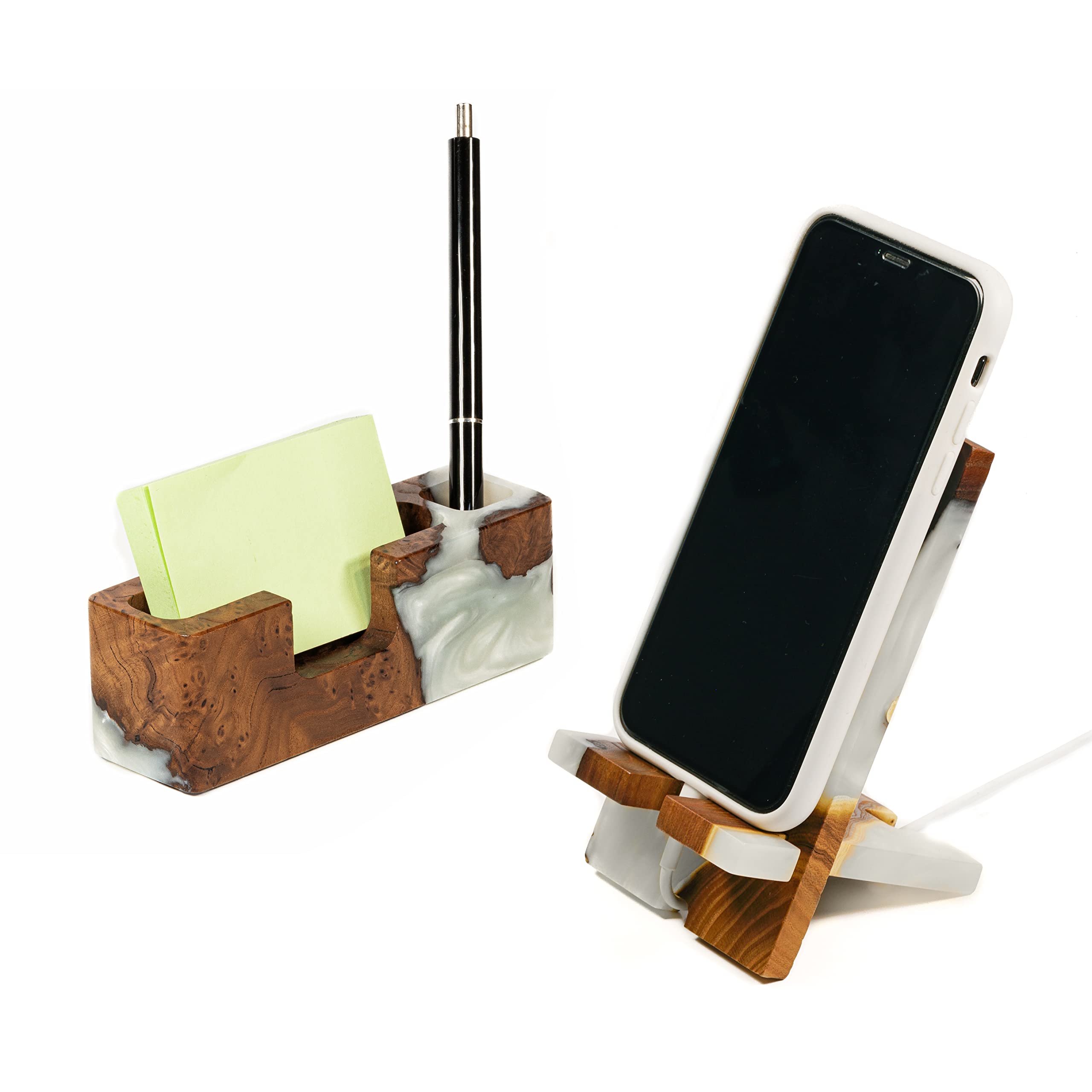 Premium Resin & Wood Office Desk Organizer Set - Unique Teacher Appreciation Gift, Graduation Gift, Administrative Professional Day Present (Platinum Set with Phone Stand & Pen/Note Holder) - Perfect for Home Office, Classroom, and Corporate Workspaces