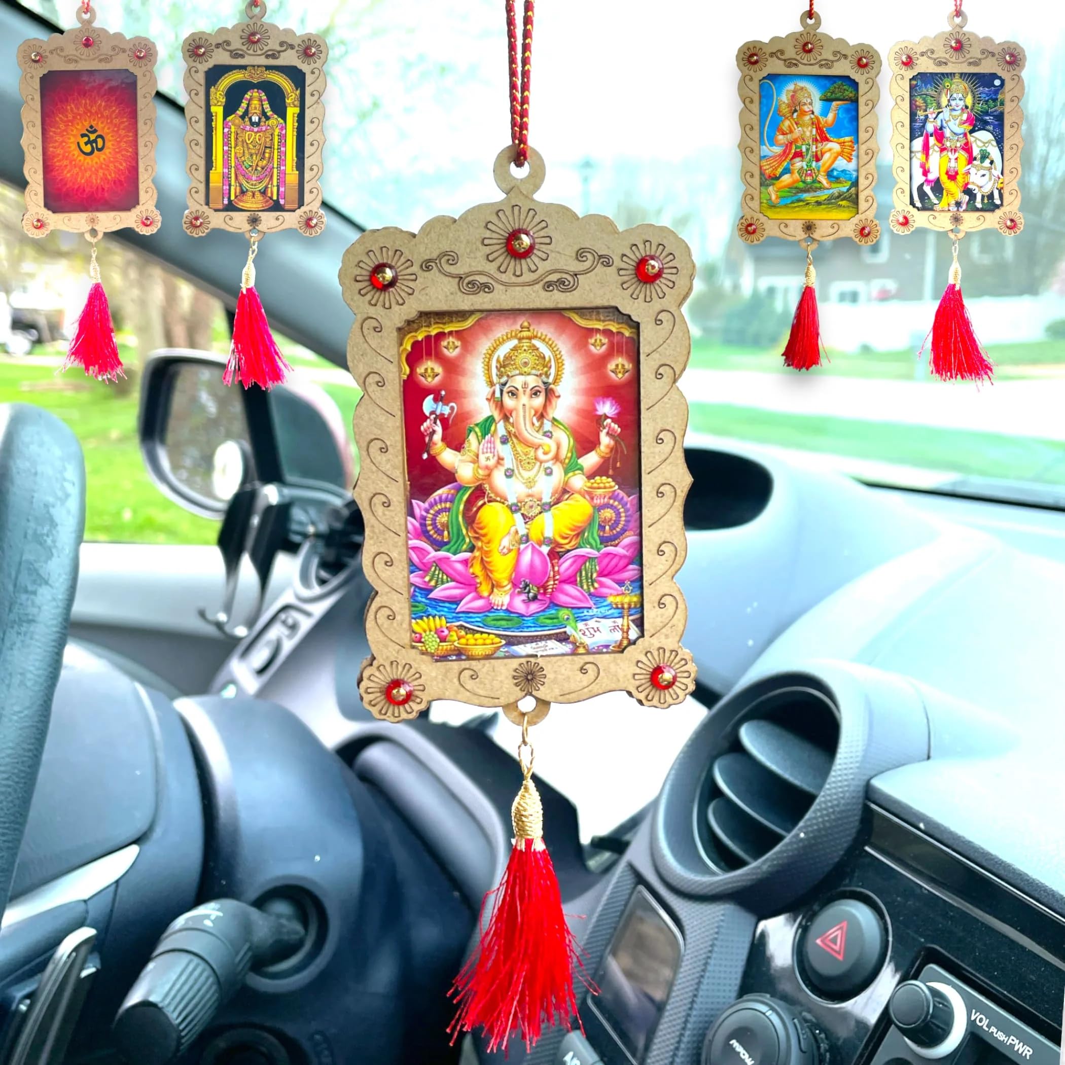 LOVENSPIRE Hindu Car Hanging Ornament - Ganesha Krishna Hanuman Om Balaji Shiv Car Charm for Rear View Mirror - Spiritual Car Dashboard Decor Accessories (Pack of 1) - Perfect for Daily Commute, Road Trips & Spiritual Protection While Driving