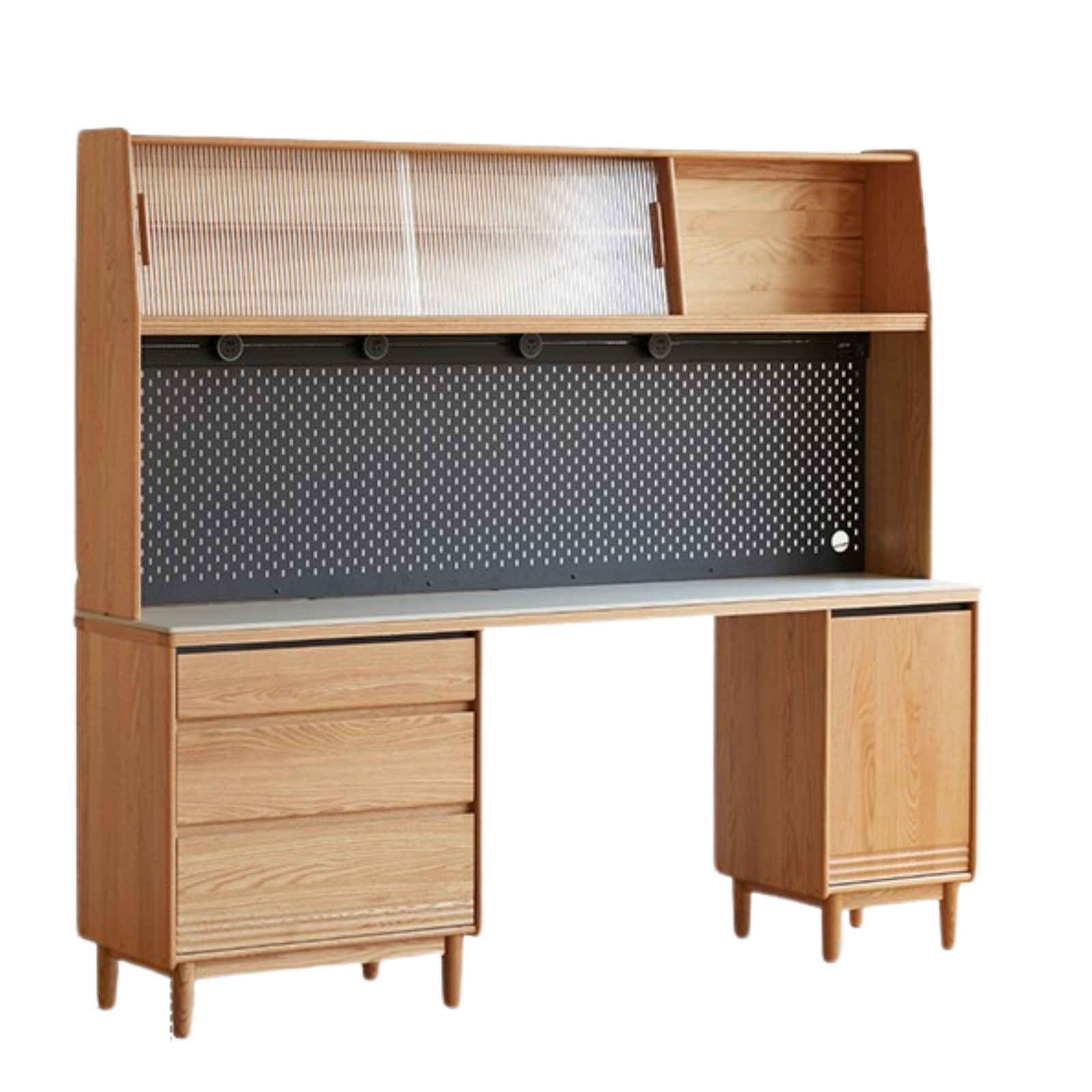 82.7x17.7x73.4 inch / 210.4x45x186.5 cm / Natural wood color / Oak white rock board sideboard + upper shelf + bull rail