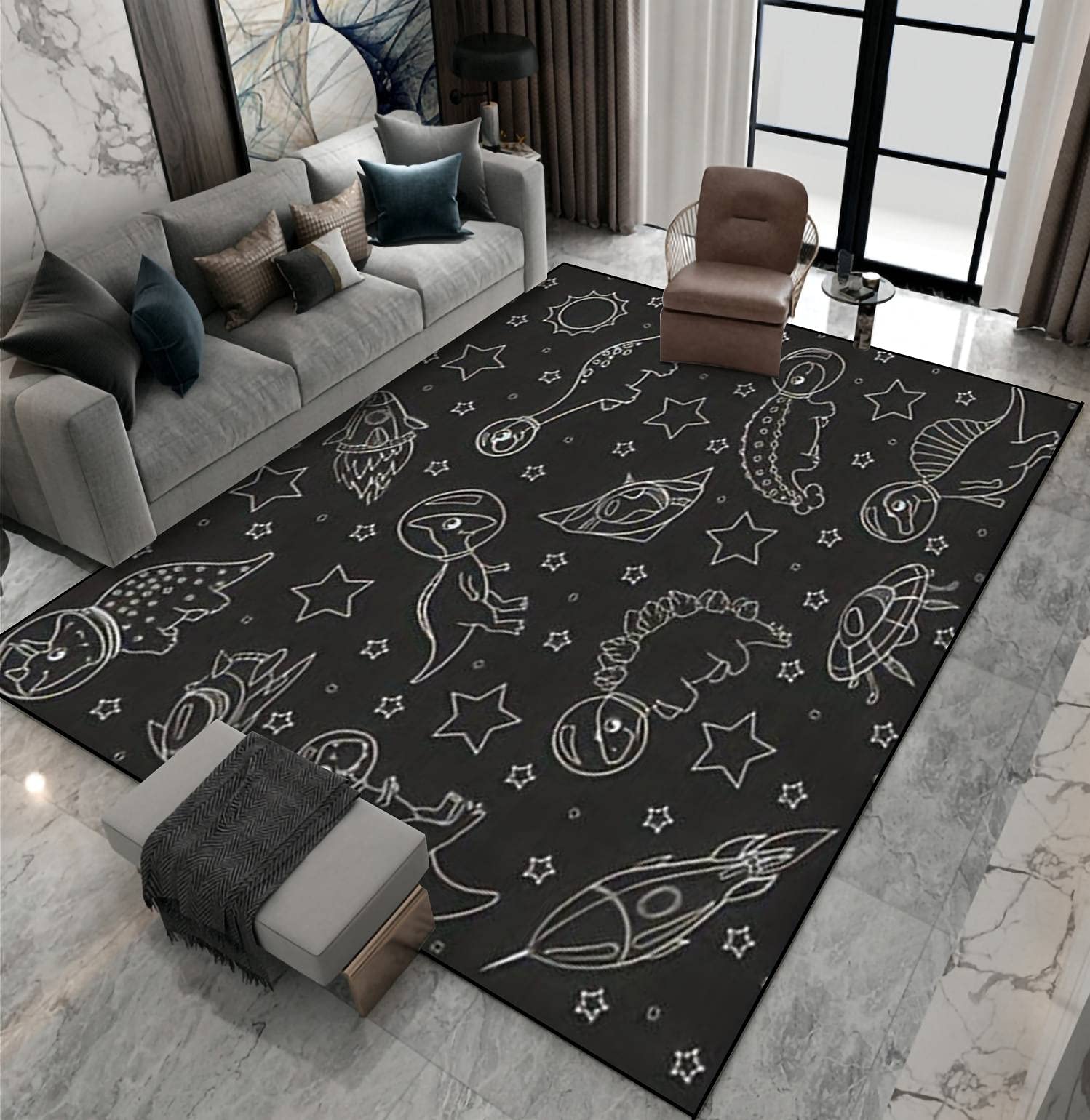 Non-Slip Dinosaur Astronaut Area Rug - Space Theme Kids Room Carpet with Spaceships & Planets - Indoor Outdoor Living Room Bedroom Runner - Home Decor Doormat Yoga Mat for Patio, Playroom & Nursery Decor