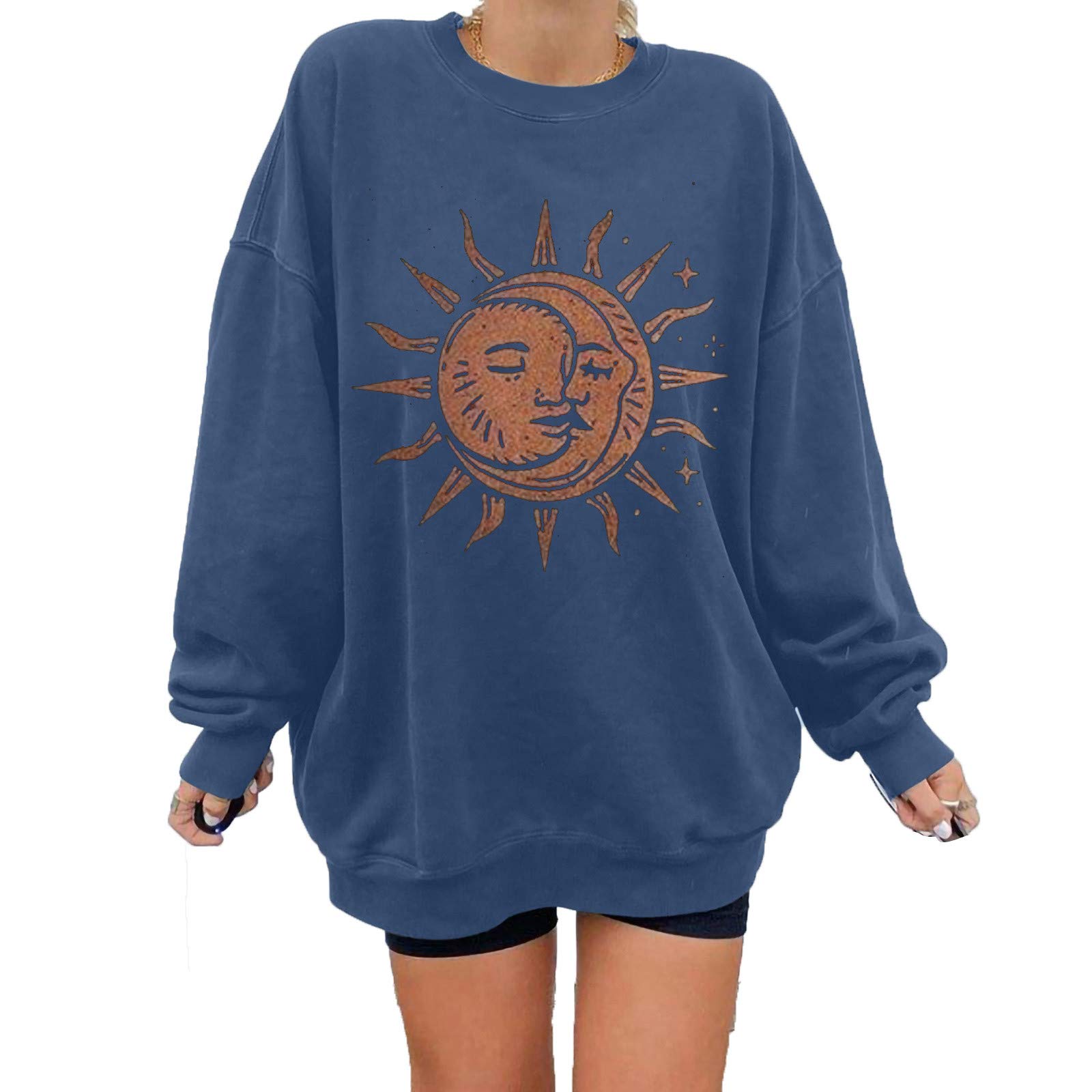 Stylish Plus Size Winter Pullover Sweatshirt for Women - Cozy Printed Sun Design Blouse | Perfect for Casual Outings & Layered Winter Outfits