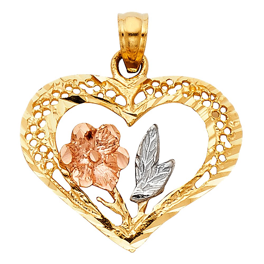 14K Tri-Color Gold Heart Pendant with Rose Design - White, Yellow & Rose Gold - 15mm x 20mm - Perfect for Valentine's Day Gifts, Anniversary Presents & Everyday Elegance