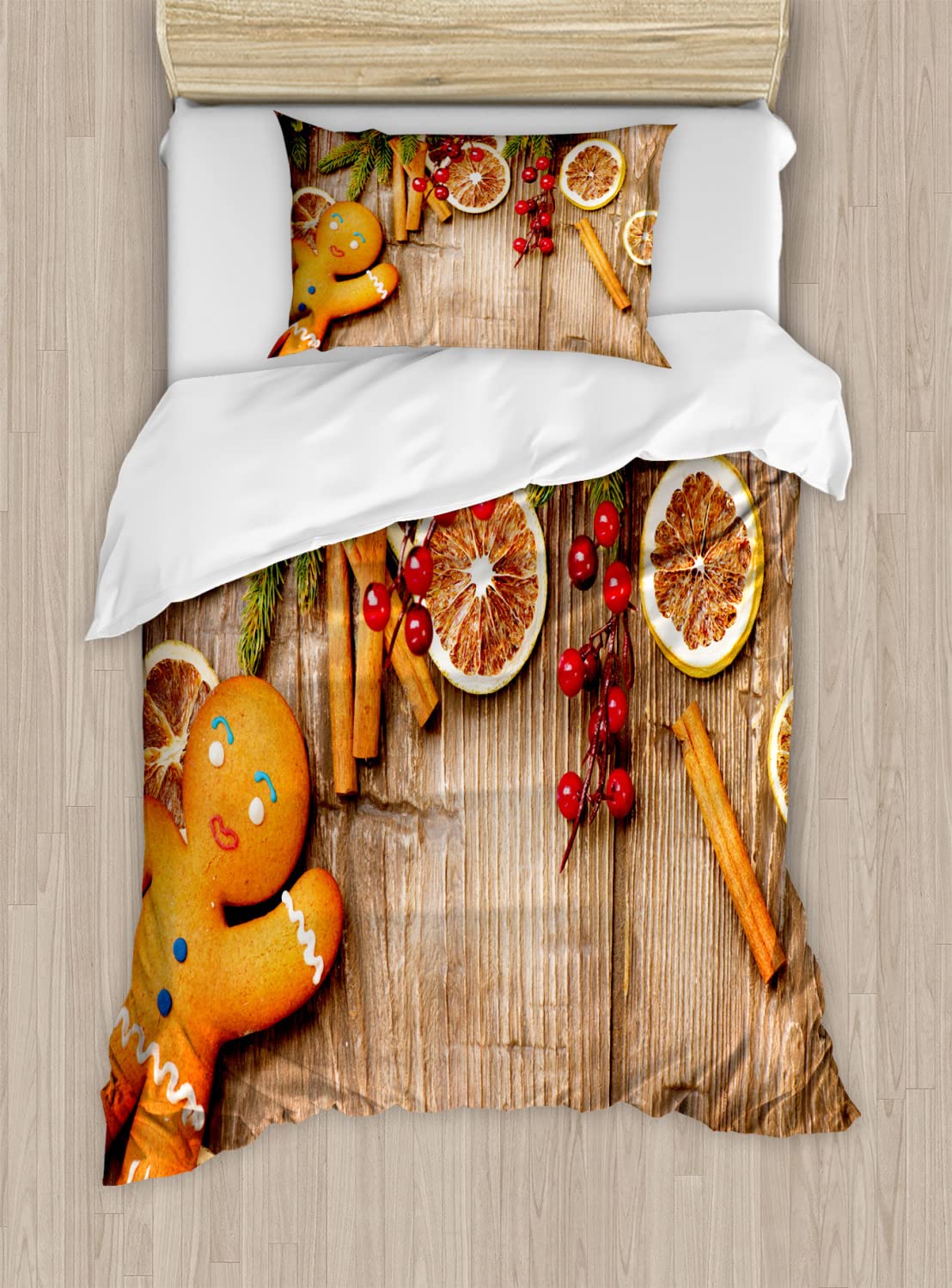 Ambesonne Gingerbread Man Duvet Cover Set - Rustic Holiday Bedding with Holly Berries, Orange Slices & Cinnamon Design - 2-Piece Cal King Size (2 Duvet Covers + 4 Pillowcases) in Warm Brown, Orange & Red - Perfect for Christmas Decor, Winter Bedroom Makeover & Cozy Seasonal Home Styling