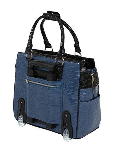 Premium Blue & Black Alligator-Pattern Faux Leather Rolling Laptop Tote Bag for MacBook, iPad, Tablet - Perfect for Business Travel, Office & College Commute