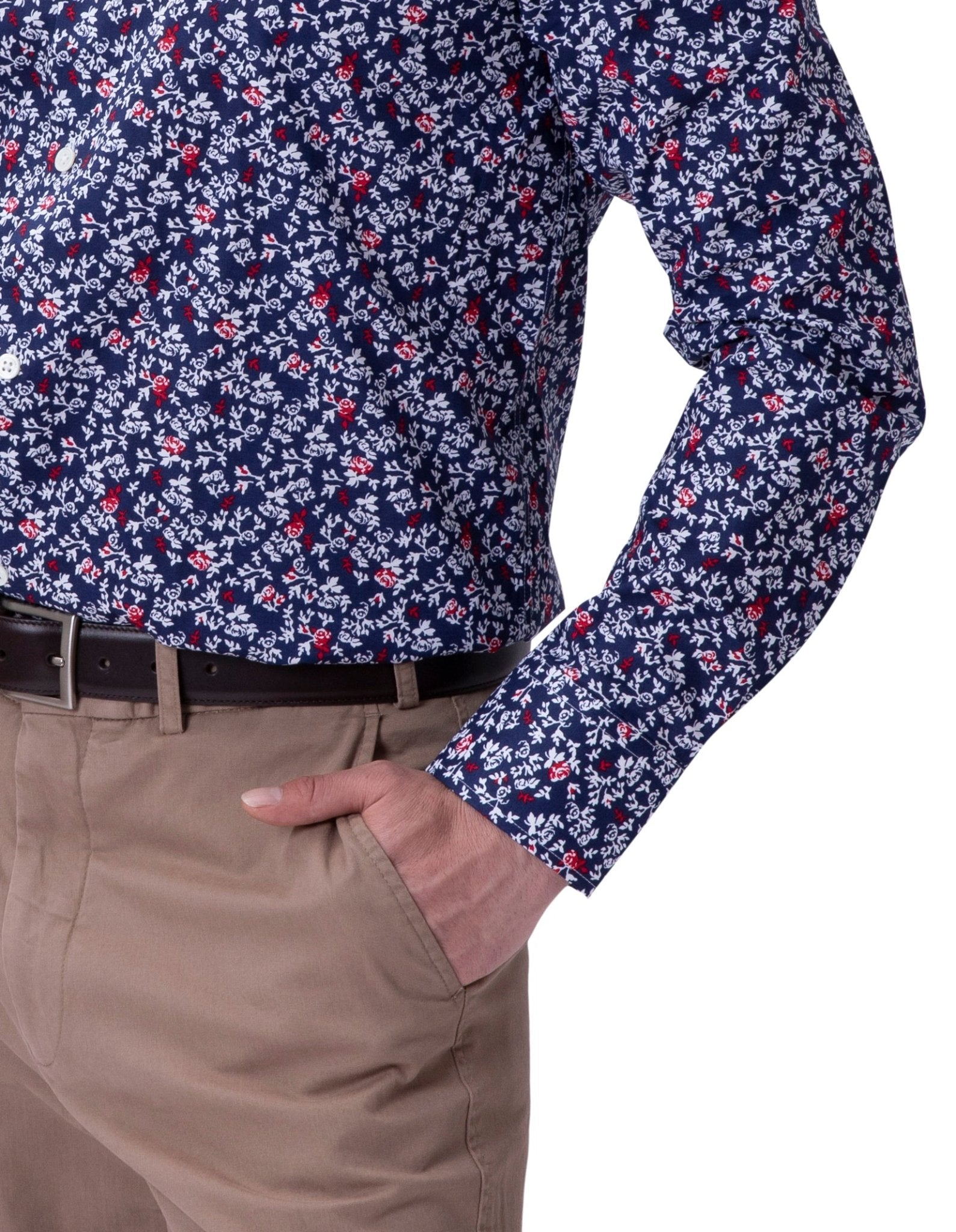 Henry Sartorial Floral Print Men's Casual Shirt - Navy & Red Hawaiian Style for Summer Beach Vacation and Outdoor Parties