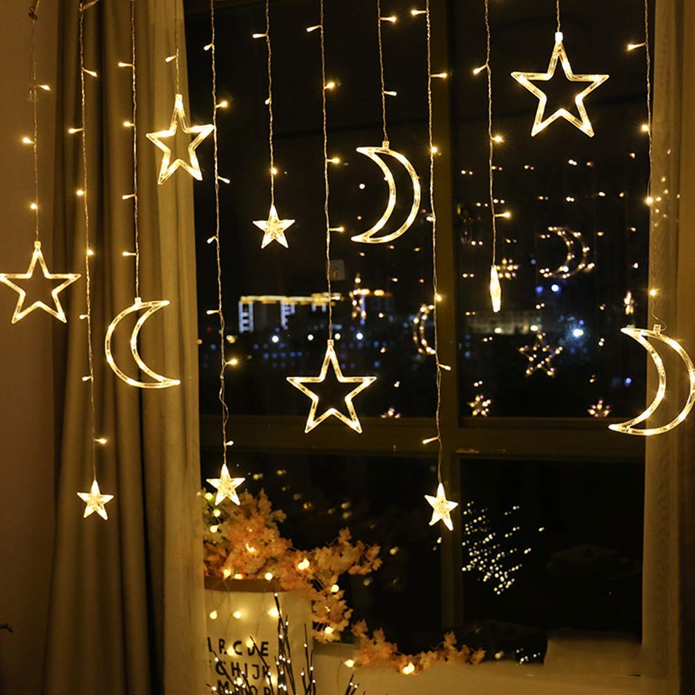 LED Fairy Lights & Moon Star String Lights - Waterproof 8 Modes Curtain Lights for Window, Fireplace, Garden, Patio - Perfect for Christmas Decorations, Eid Celebrations & Home Ambiance Lighting