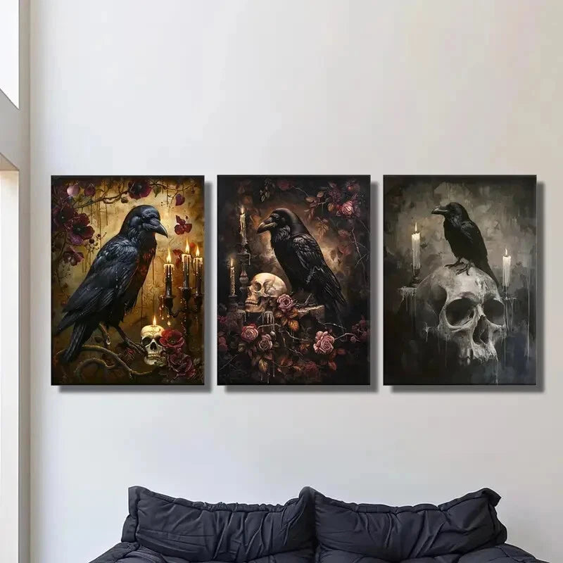 3-Piece Skeleton Crow Art Metal Print - Dark Fantasy Gothic Wall Decor - Ready to Hang - Perfect for Halloween, Gothic Home Decor & Horror Themed Rooms