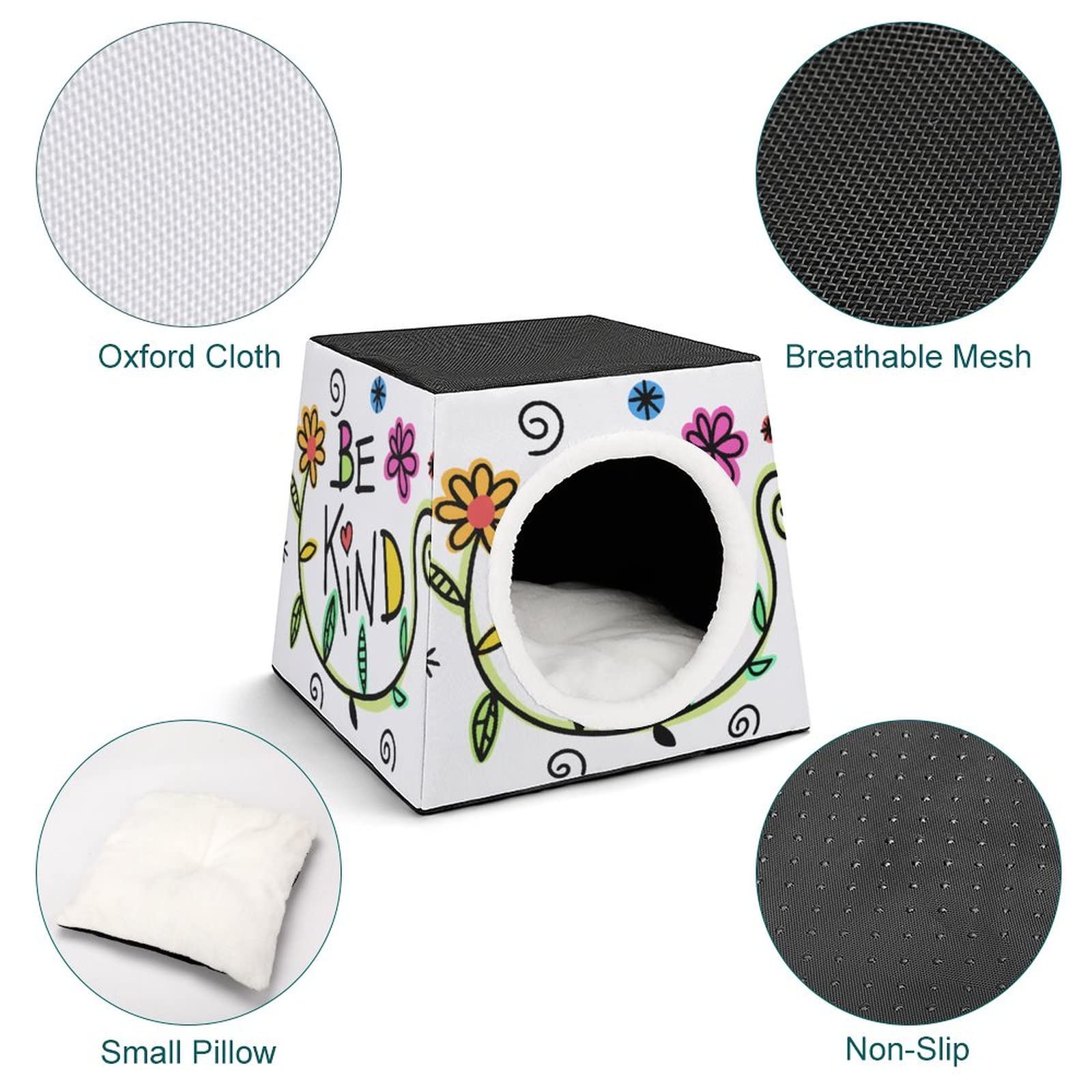 Printed Cat Houses & Condos - Foldable Cat Cube Bed with Removable Pillow (Flowers/Letters Design) - Cozy Pet Sofa for Indoor Cats - Perfect for Napping, Playing & Relaxing