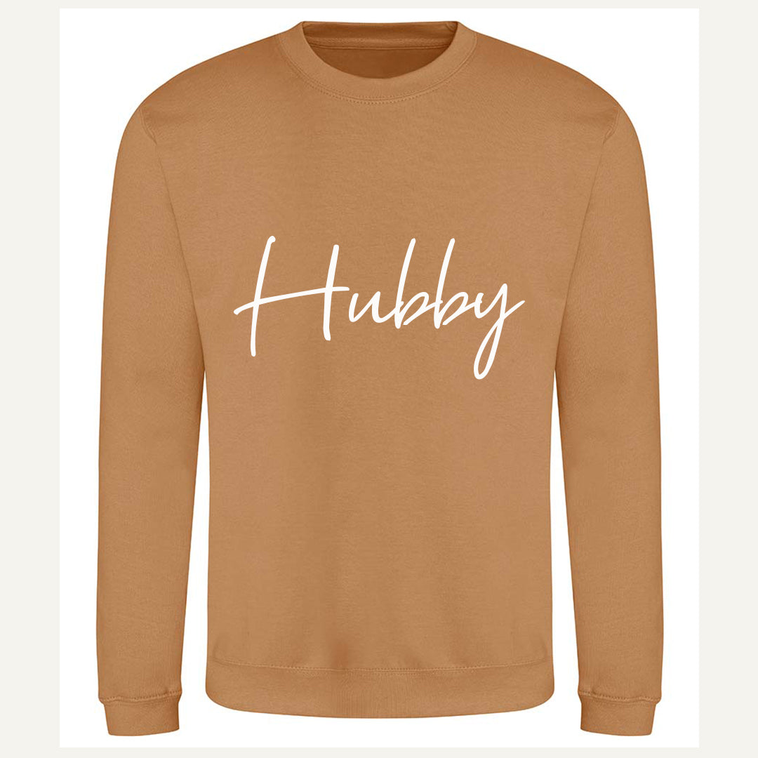 Hubby & Wifey Matching Couple Sweatshirts - Caramel Latte Color - Cozy Couple Outfits for Date Nights & Anniversaries